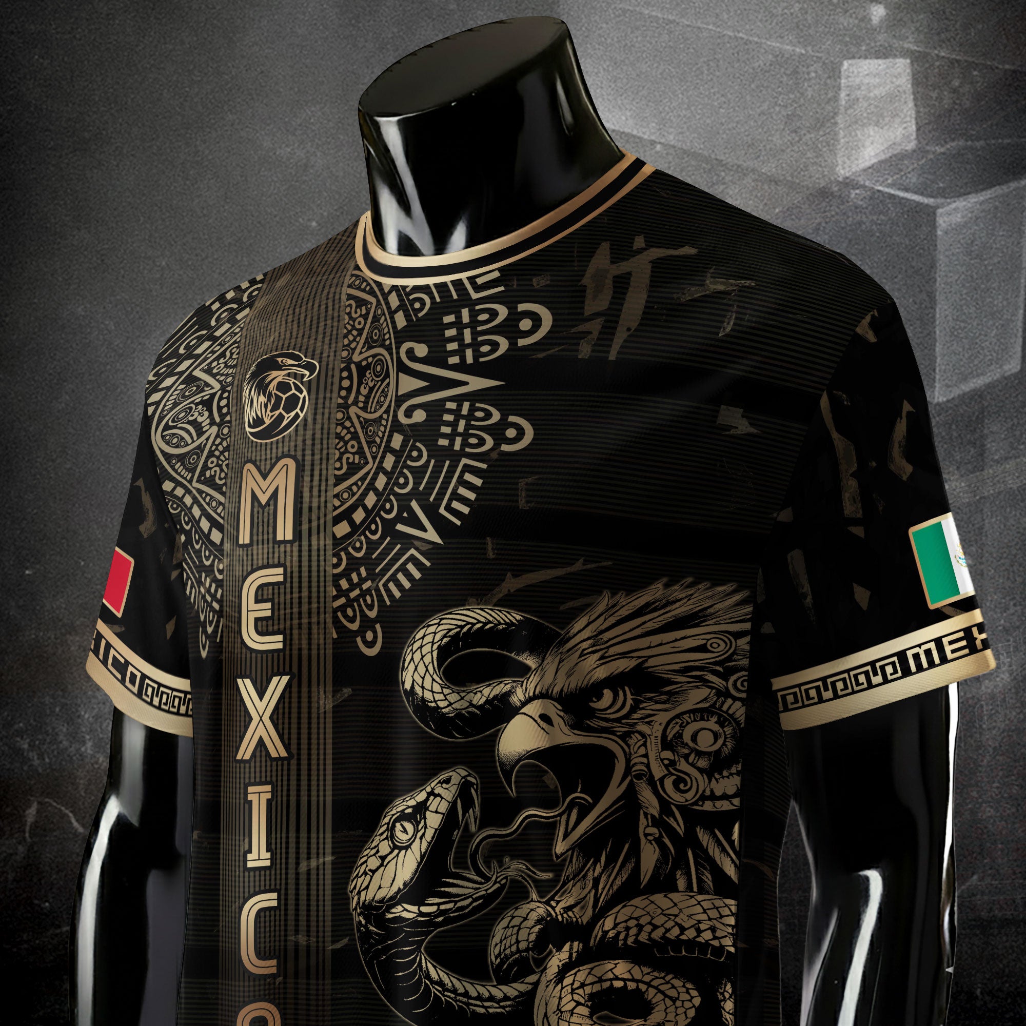 Mexico Soccer Jersey Black Gold Eagle Serpent Aztec Pattern