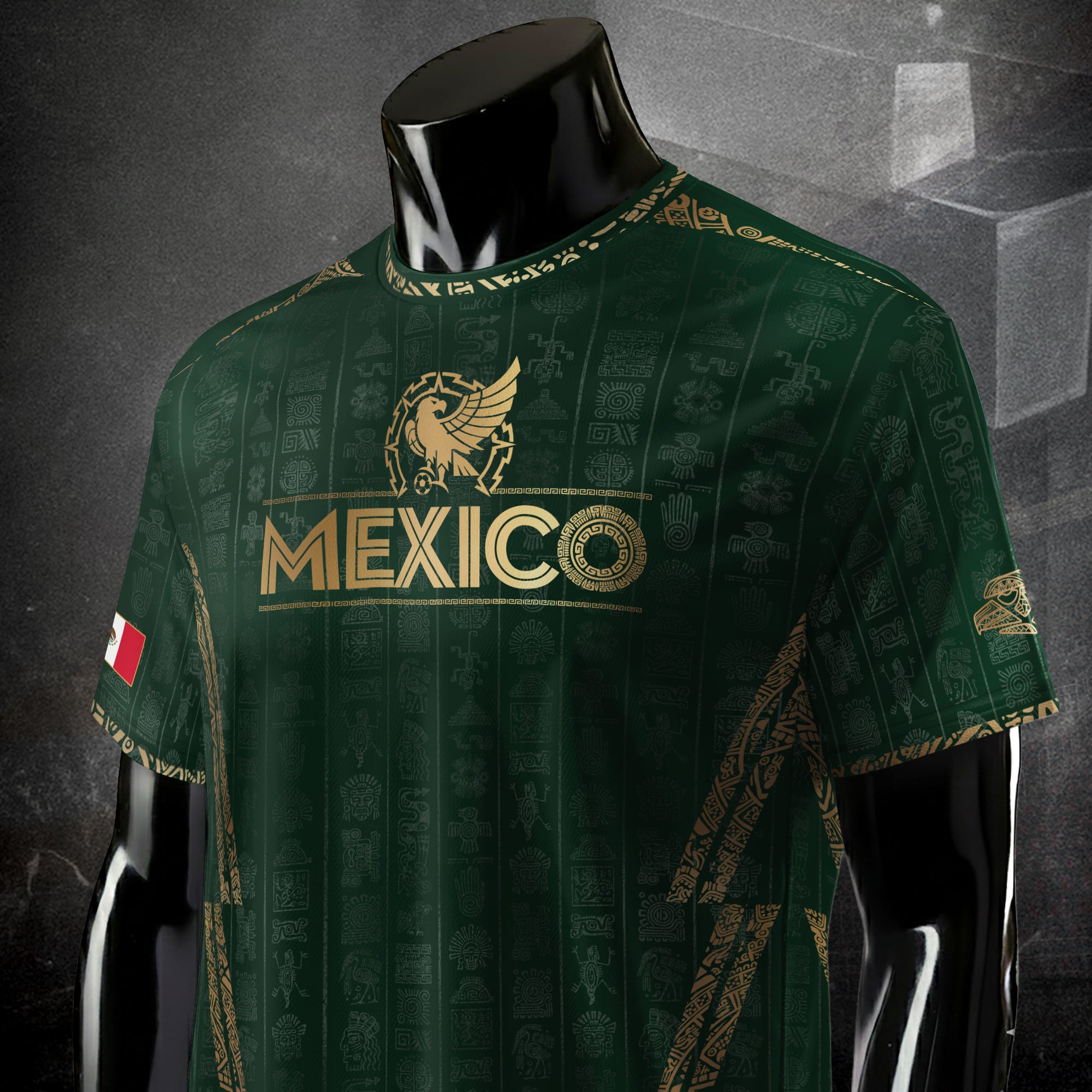 Mexico Green Aztec Pattern Eagle Emblem Heritage Soccer Jersey