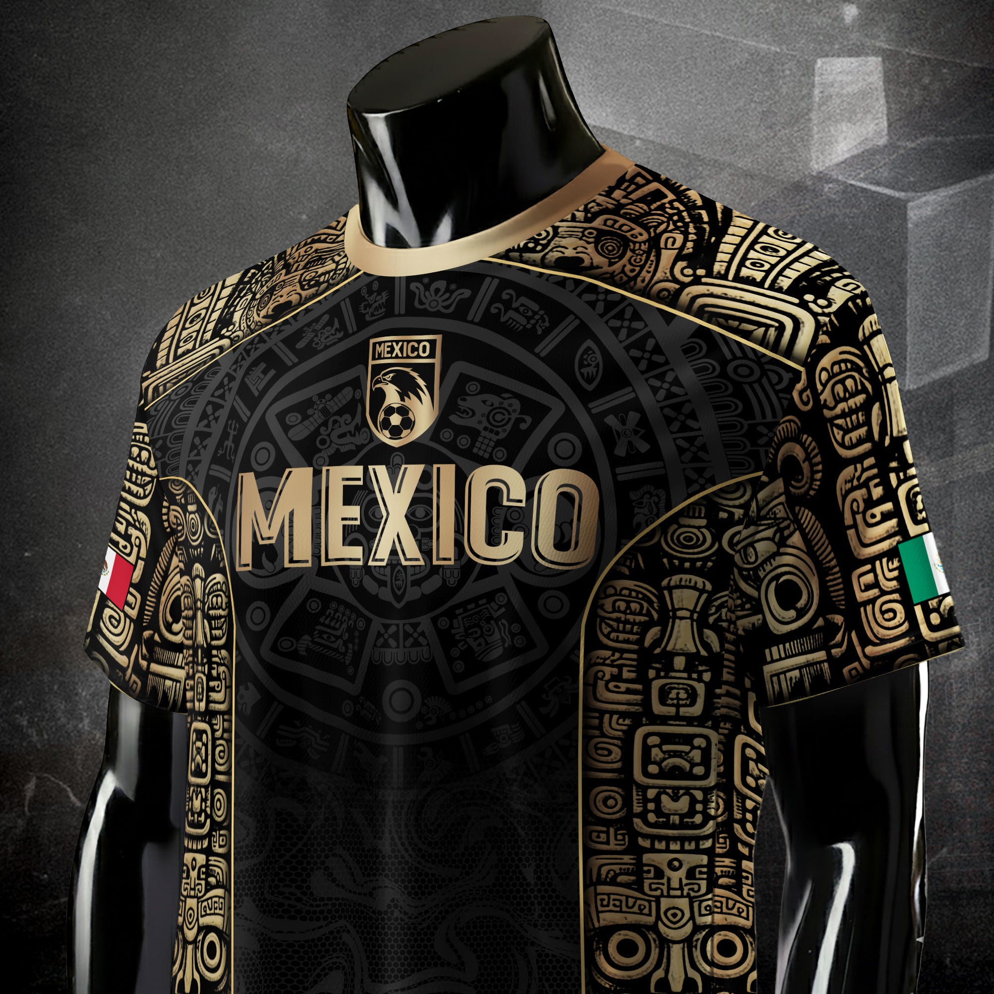 Mexico Aztec Black Gold Limited Edition Eagle Pattern Soccer Jersey