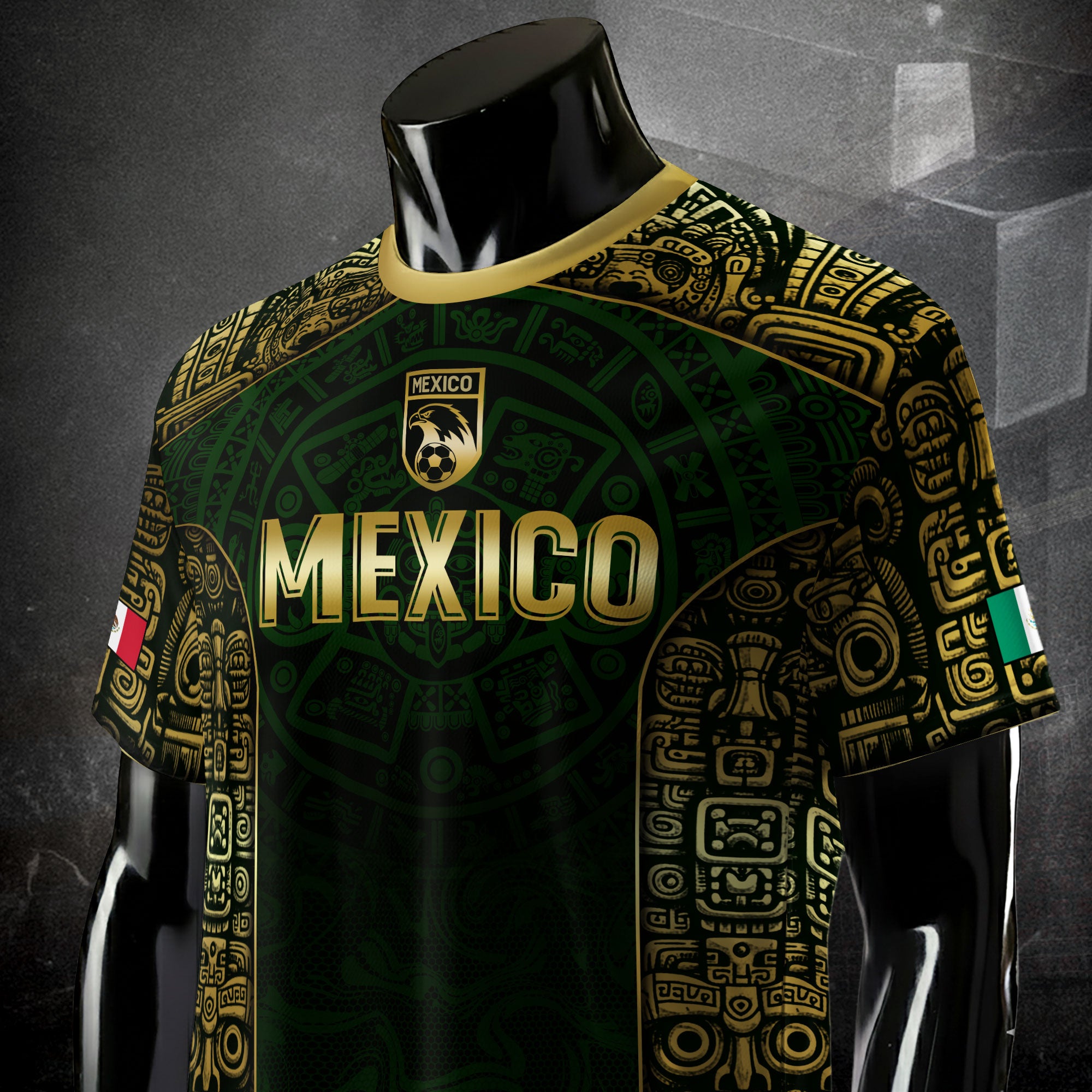 Mexico Aztec Green Gold Premium Eagle Emblem Football Soccer Jersey