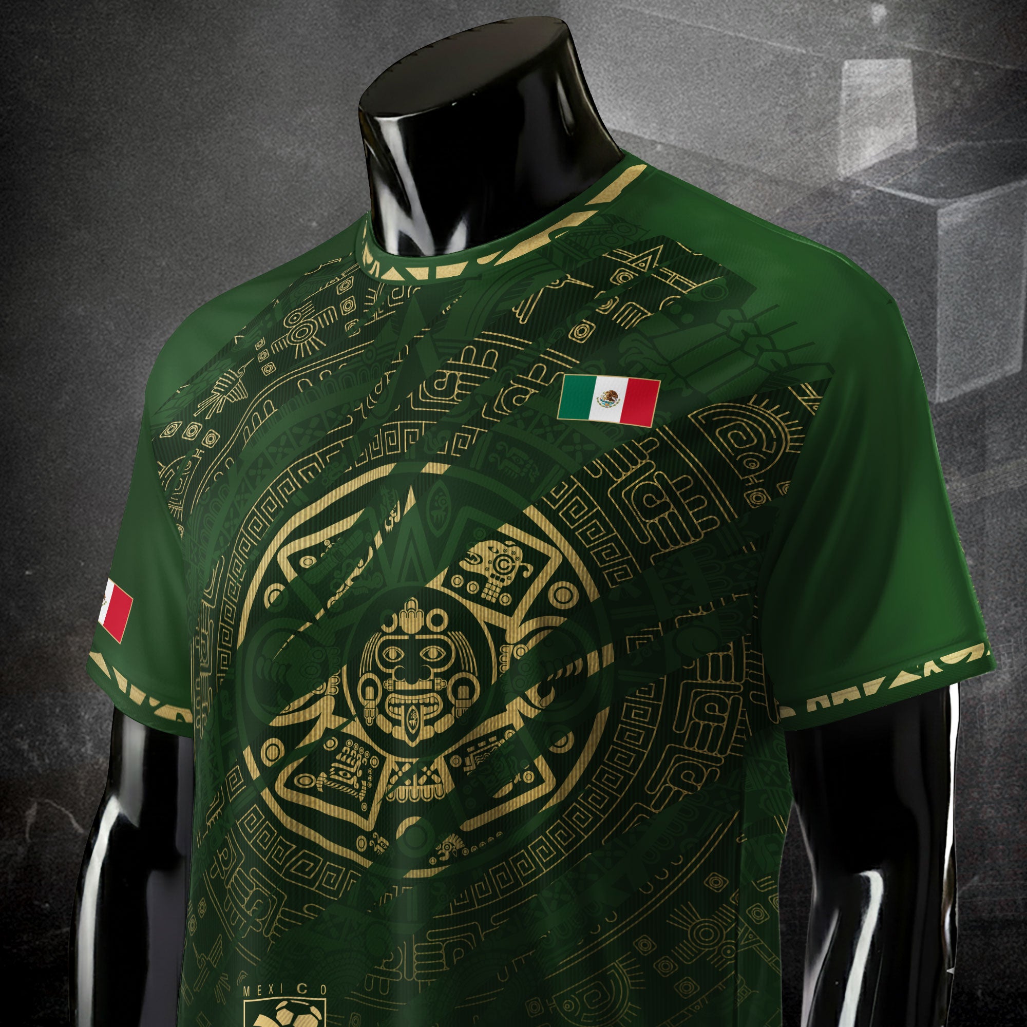 Mexico Green Gold Aztec Calendar National Pride Mens Football Soccer Jersey