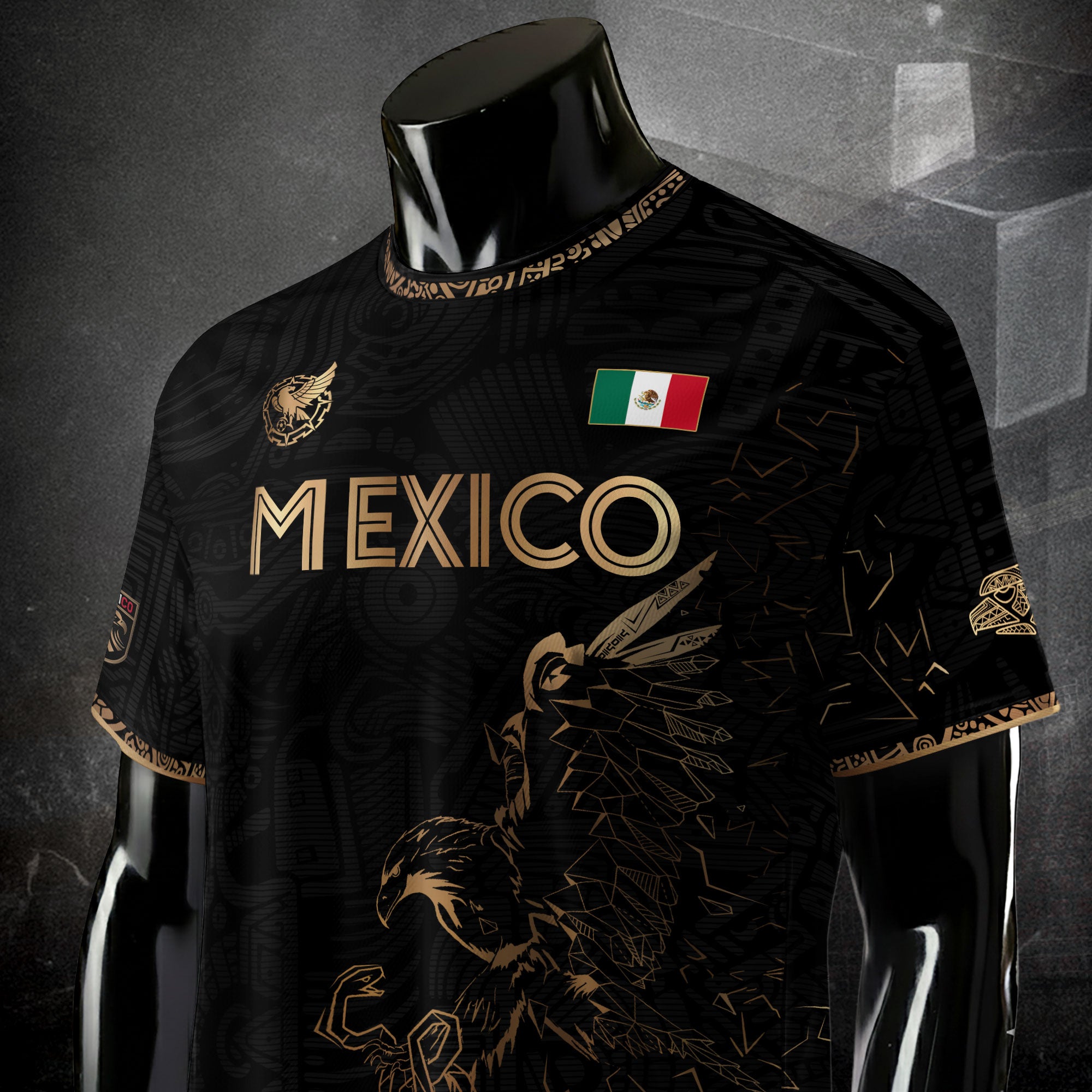Camiseta de fútbol premium con emblema de águila azteca verde y dorado de México