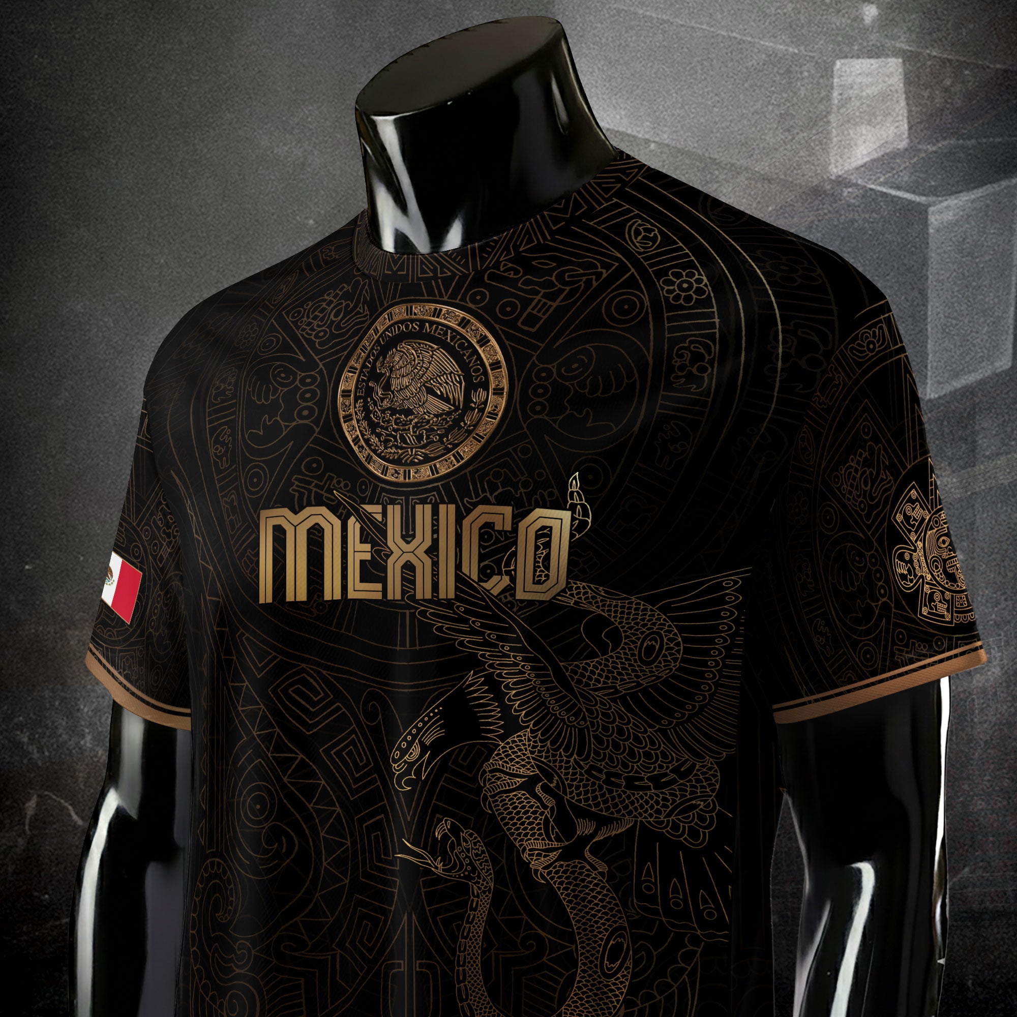 Camiseta de fútbol premium con emblema de águila azteca verde y dorado de México