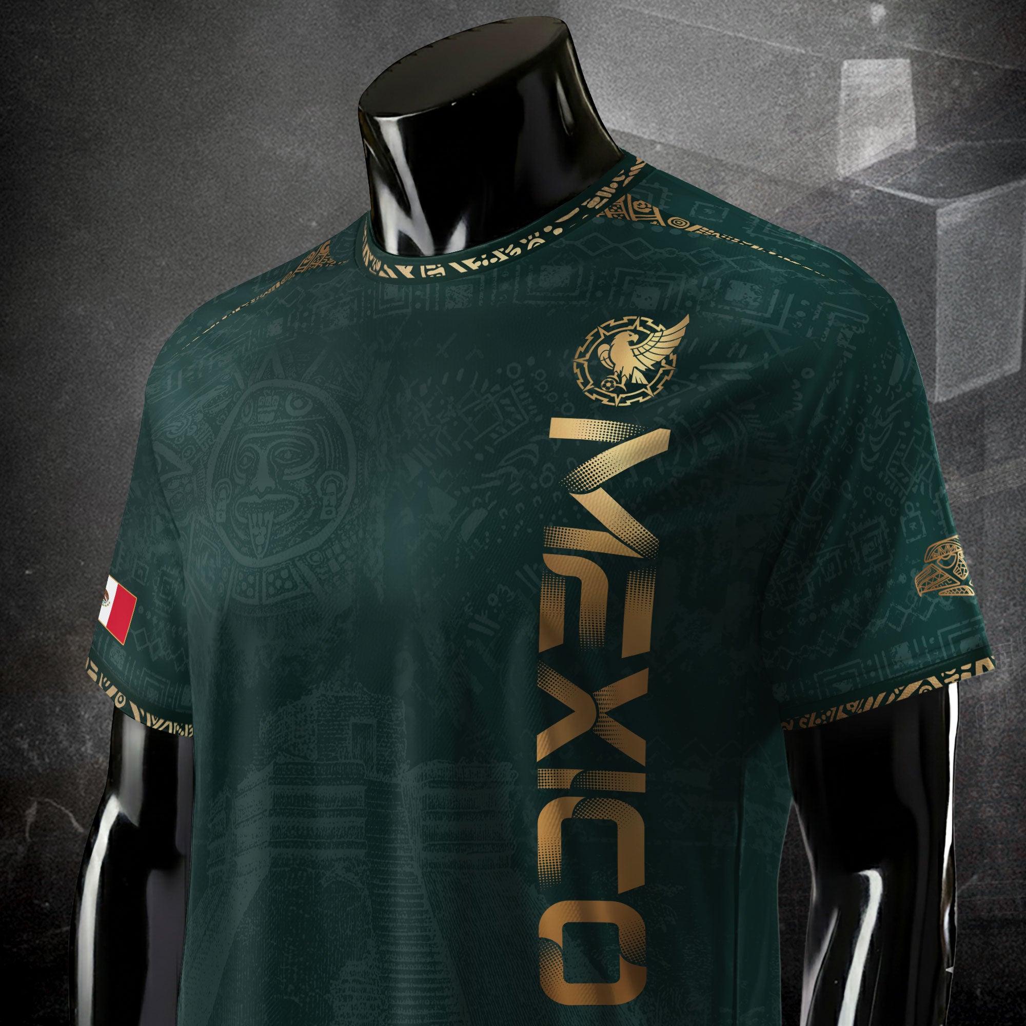 Camiseta de fútbol premium con emblema de águila azteca verde y dorado de México