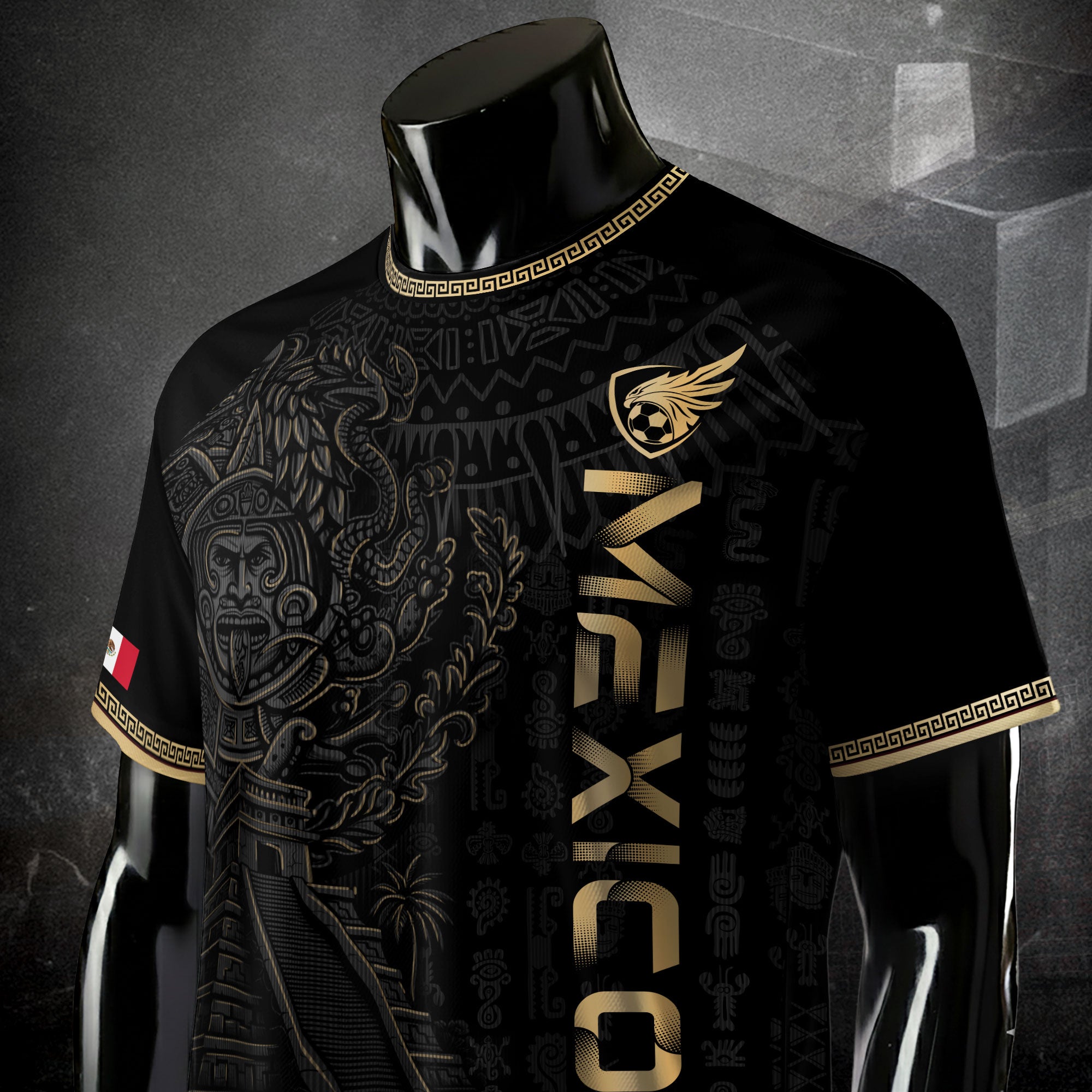 Mexico Black Gold Aztec Pyramid Heritage Mens Football Soccer Jersey