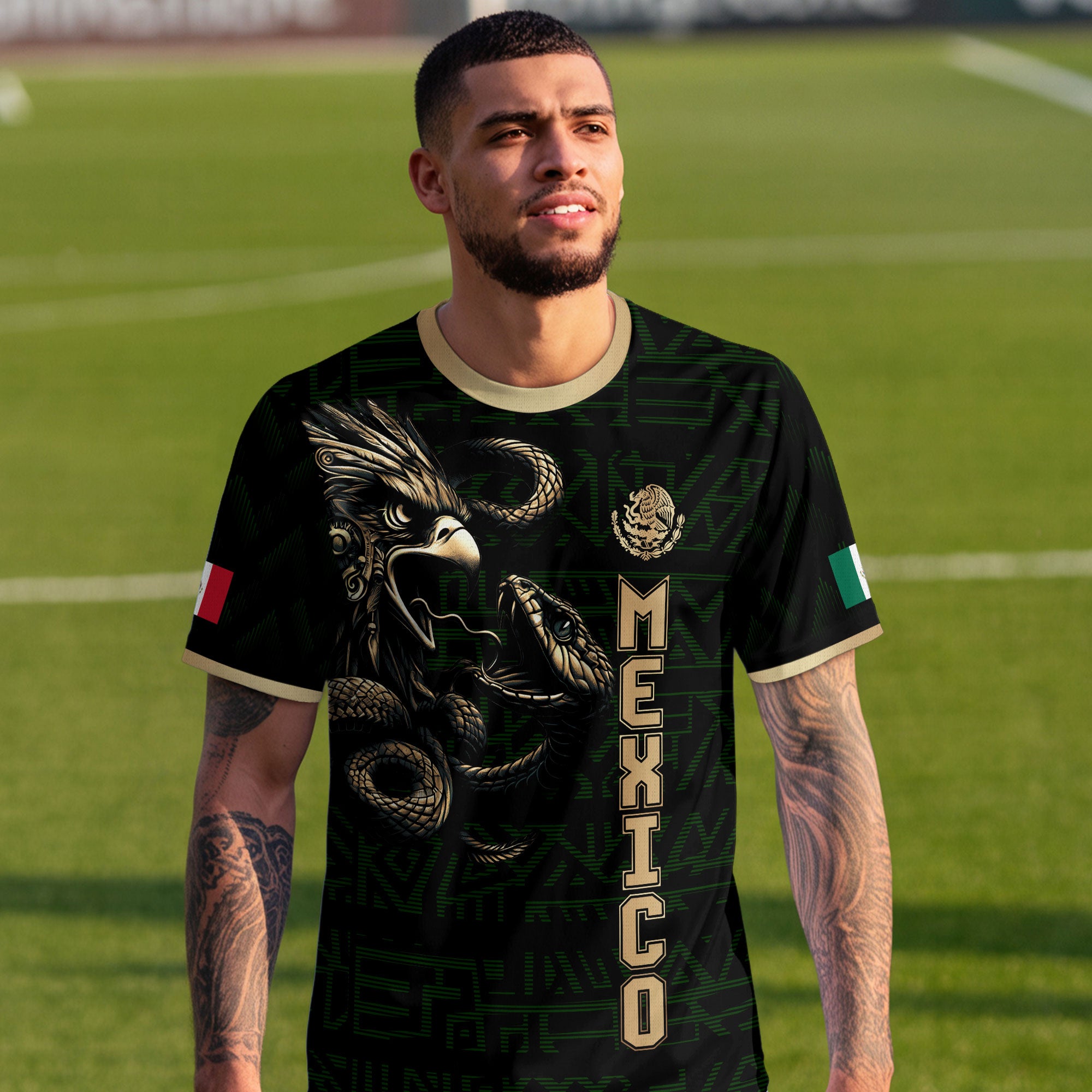Mexico Black Gold Aztec Eagle Serpent Soccer Jersey