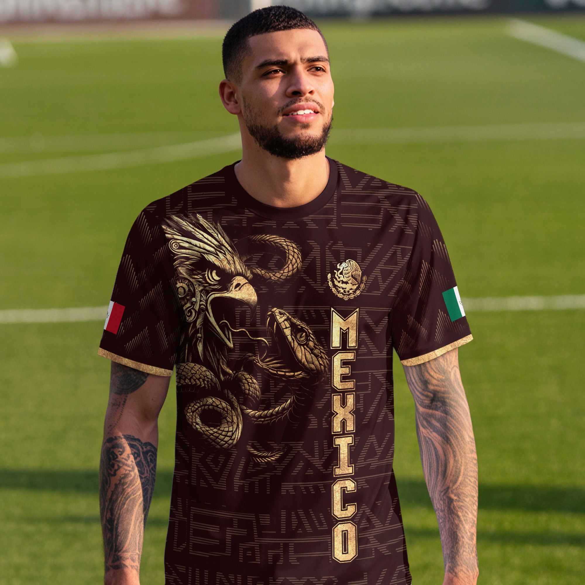 Mexico Burgundy Gold Aztec Eagle Serpent Soccer Jersey