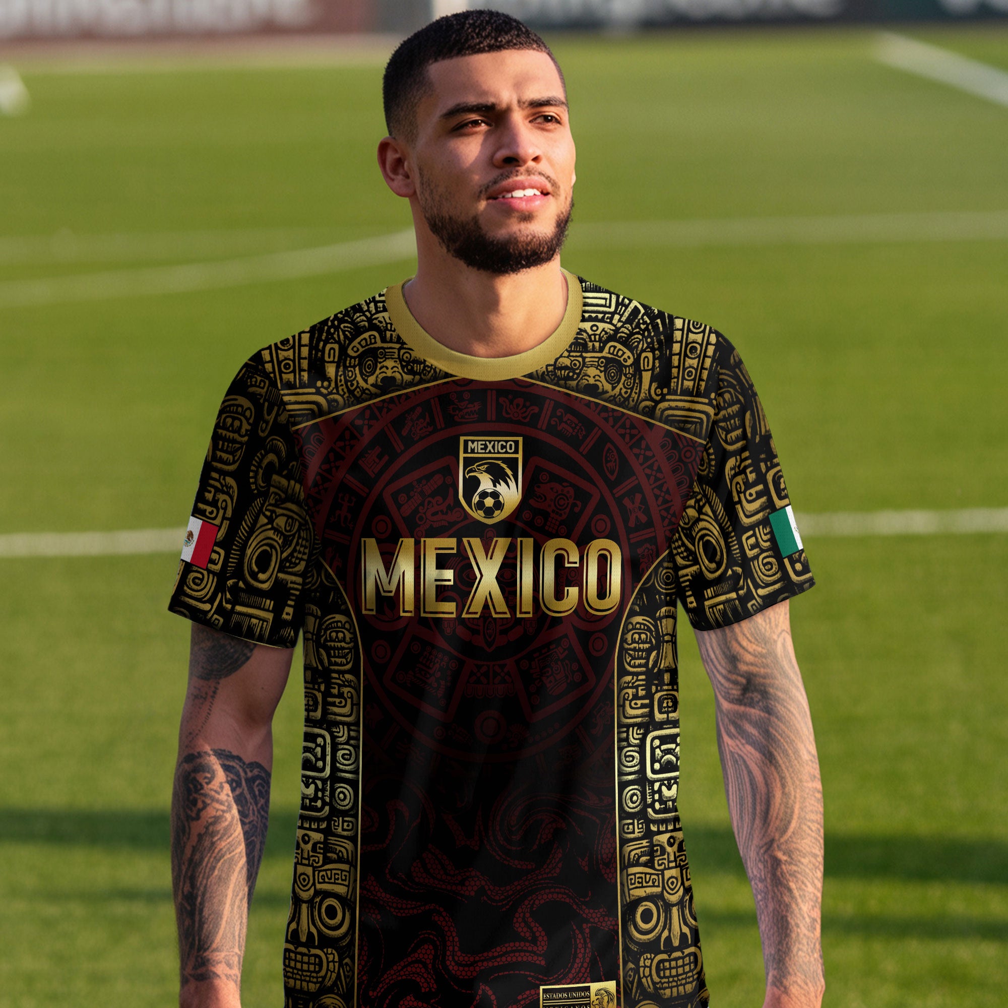 Mexico Soccer Jersey Black Red Gold Aztec Calendar Design