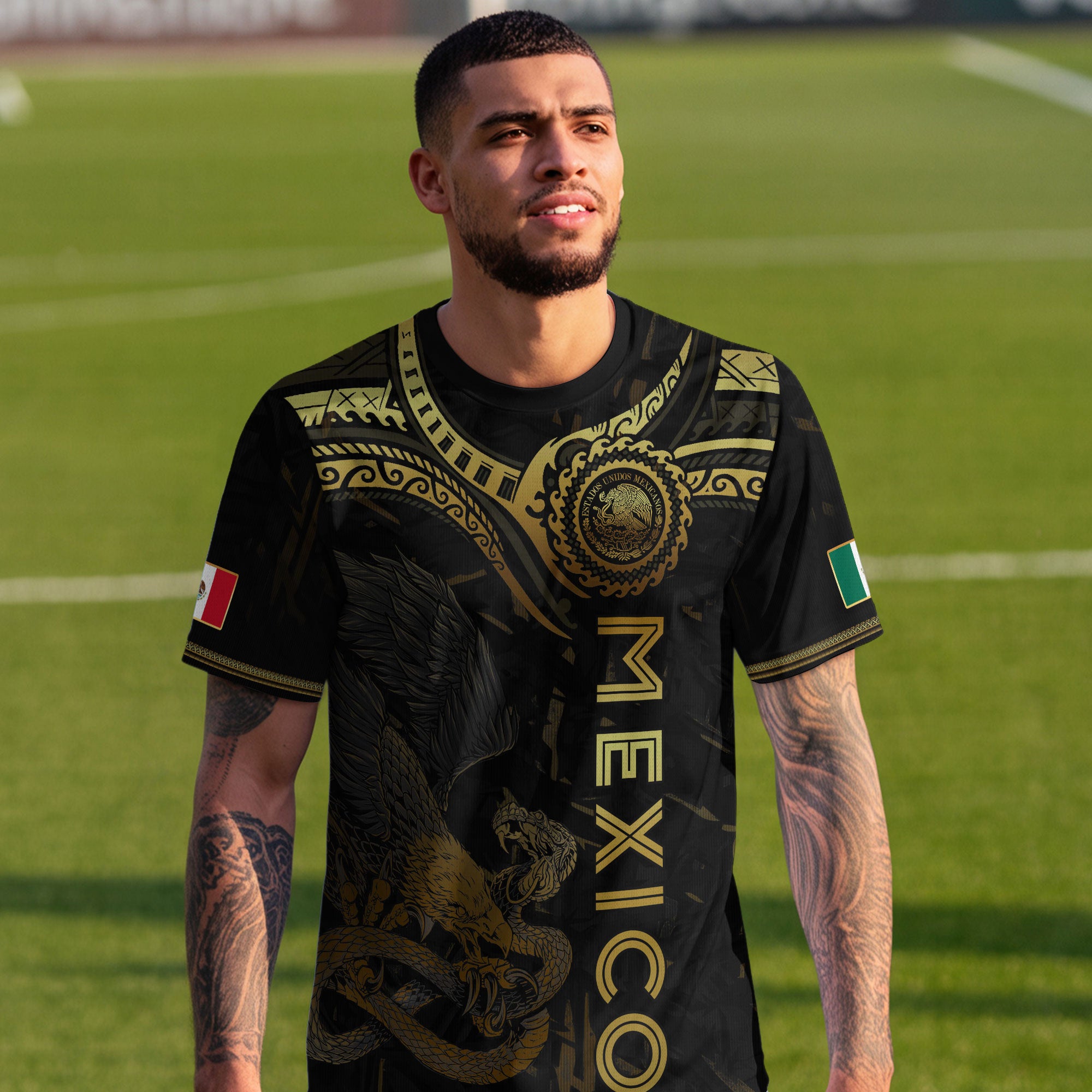 Mexico Soccer Jersey Black Gold Eagle Serpent Aztec Design