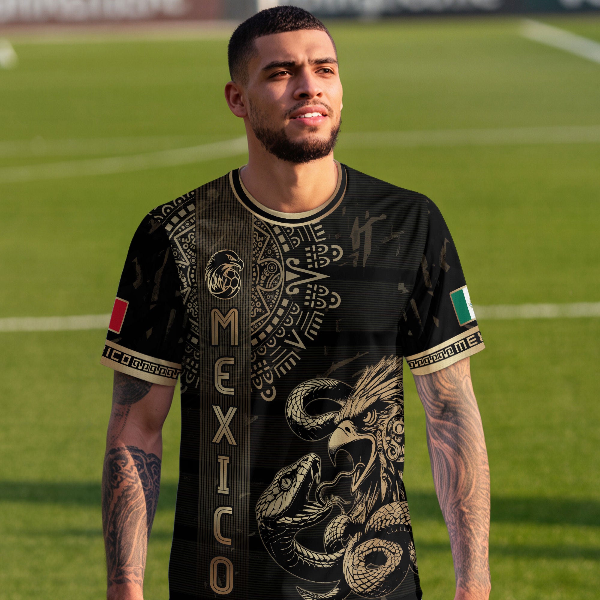 Mexico Soccer Jersey Black Gold Eagle Serpent Aztec Pattern