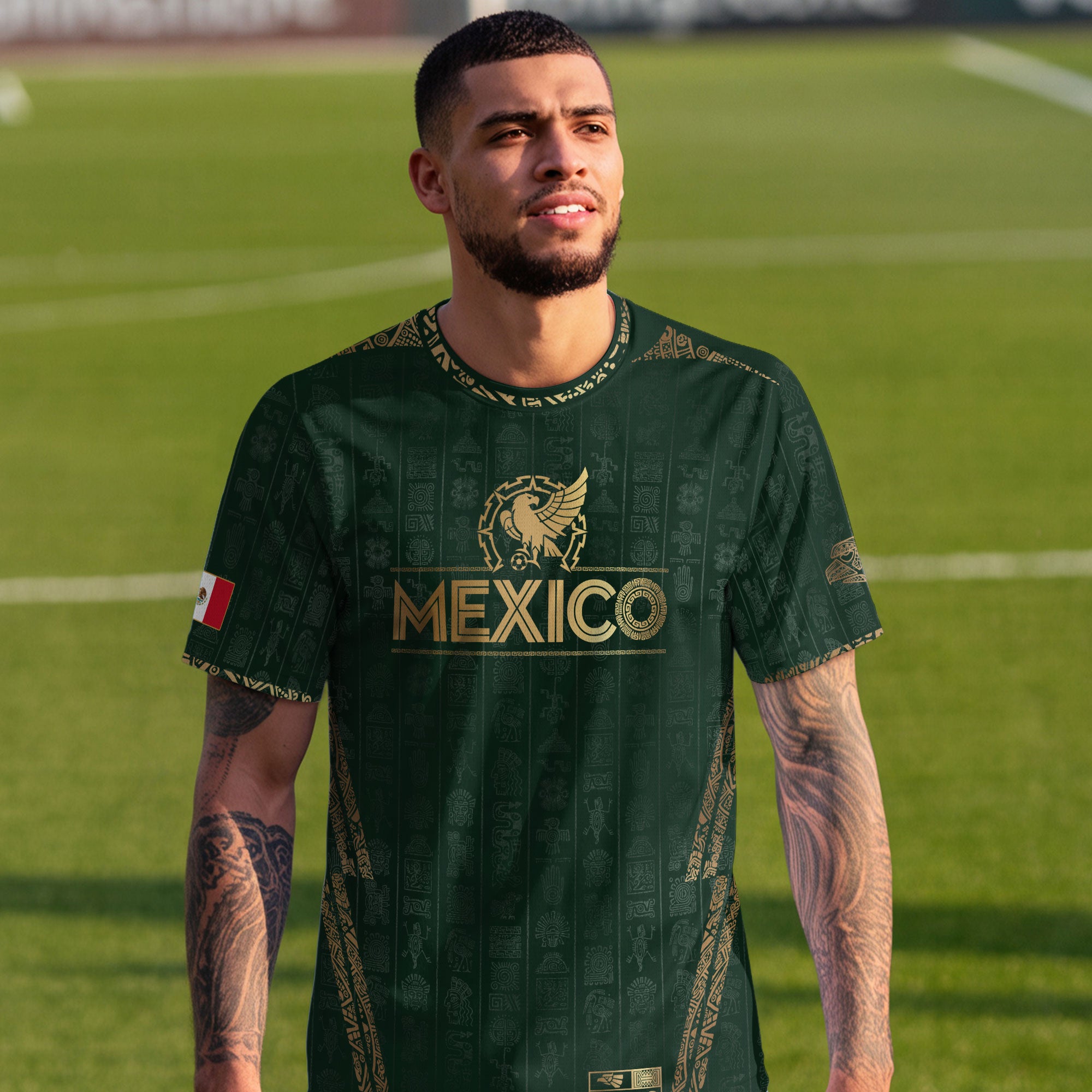 Mexico Green Aztec Pattern Eagle Emblem Heritage Soccer Jersey