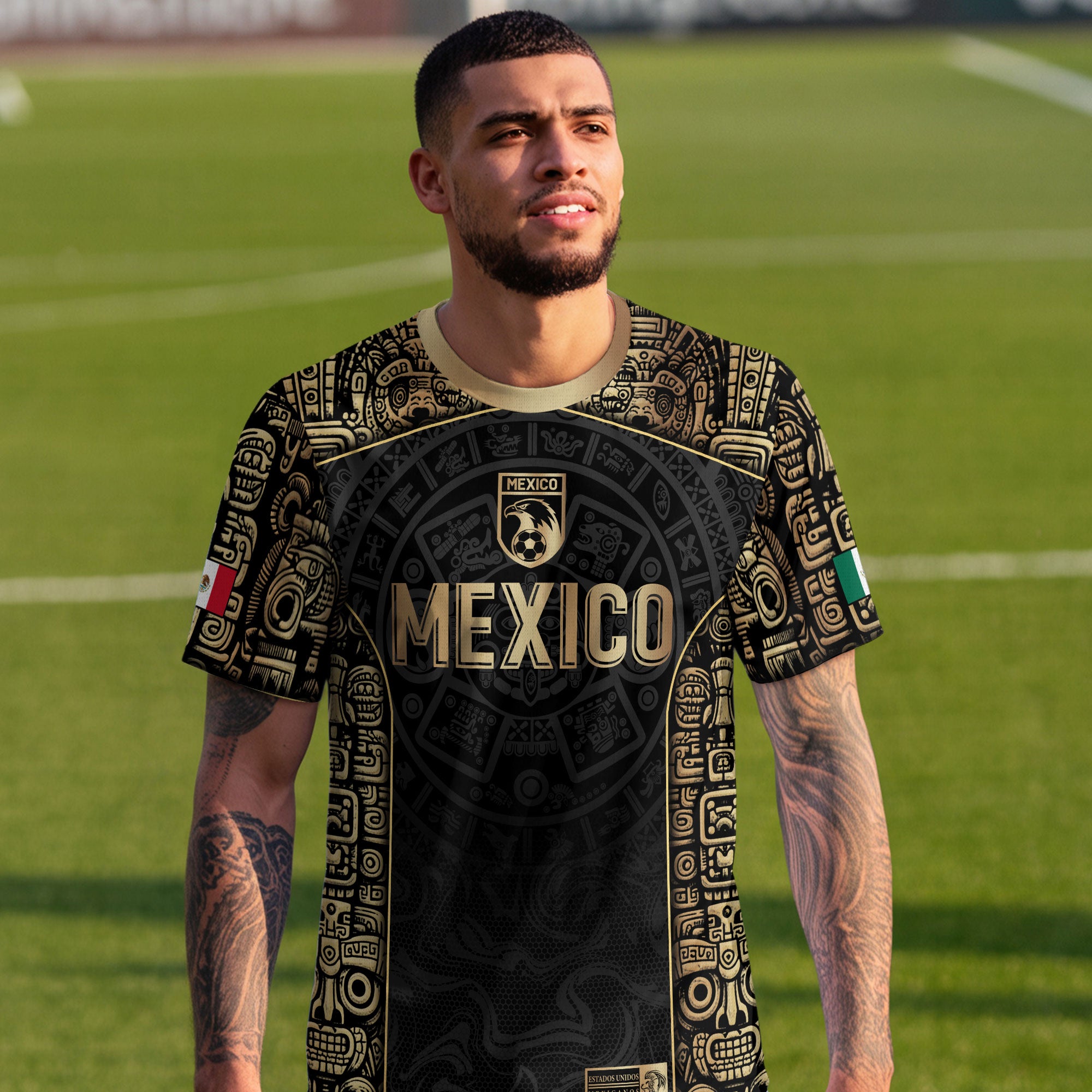 Mexico Aztec Black Gold Limited Edition Eagle Pattern Soccer Jersey