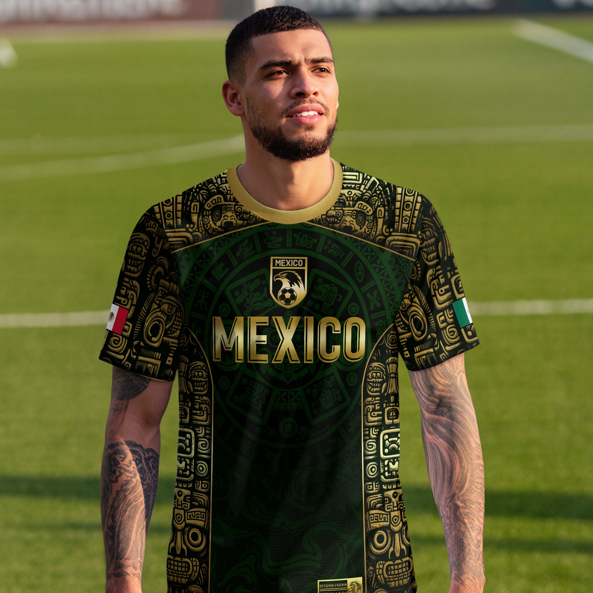 Mexico Aztec Green Gold Premium Eagle Emblem Football Soccer Jersey