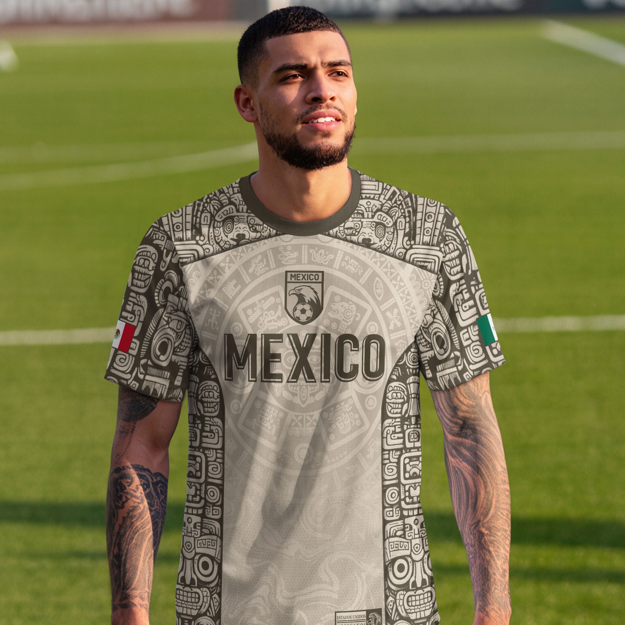 Mexico Aztec Heritage Vintage Beige Olive Eagle Pattern Soccer Jersey