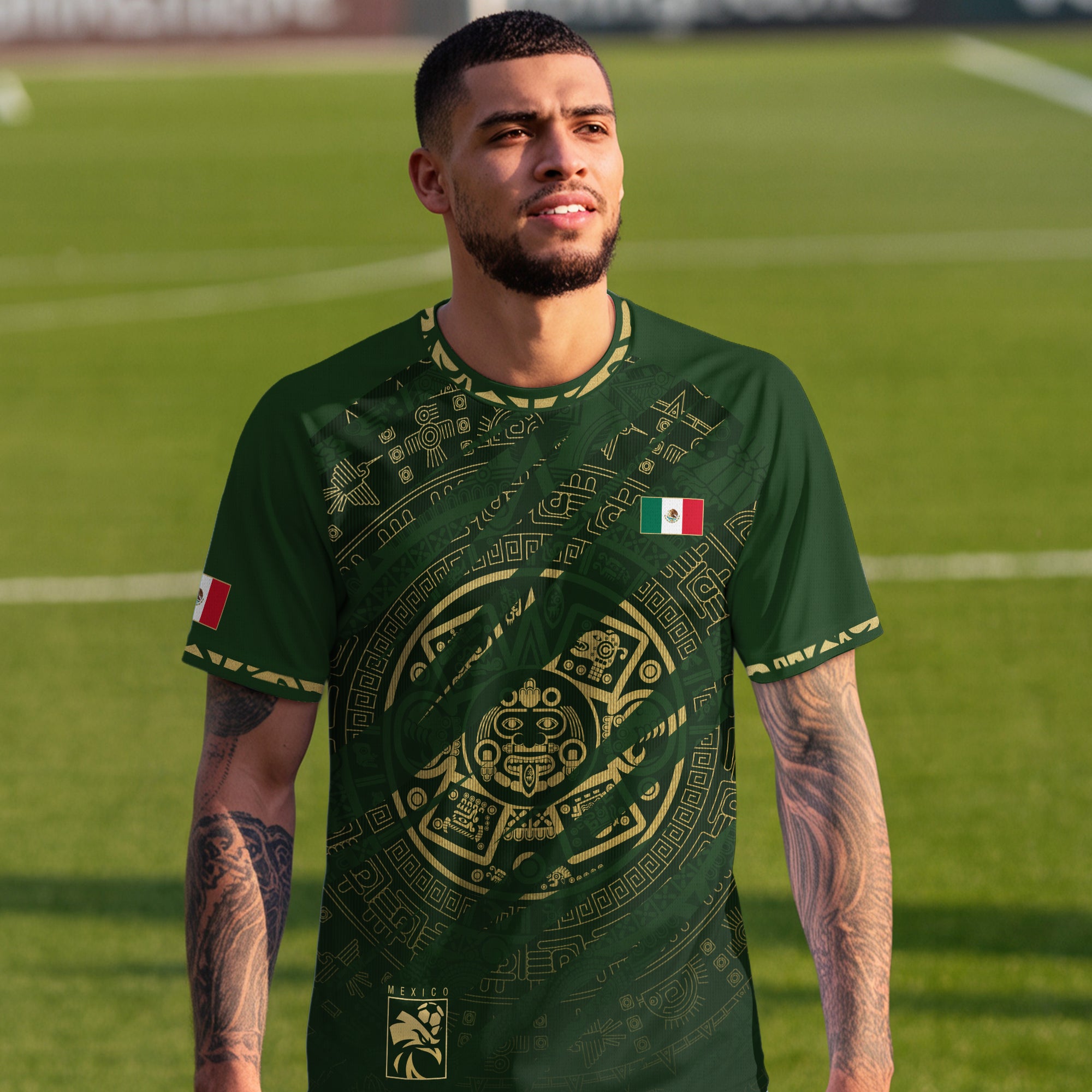 Mexico Green Gold Aztec Calendar National Pride Mens Football Soccer Jersey