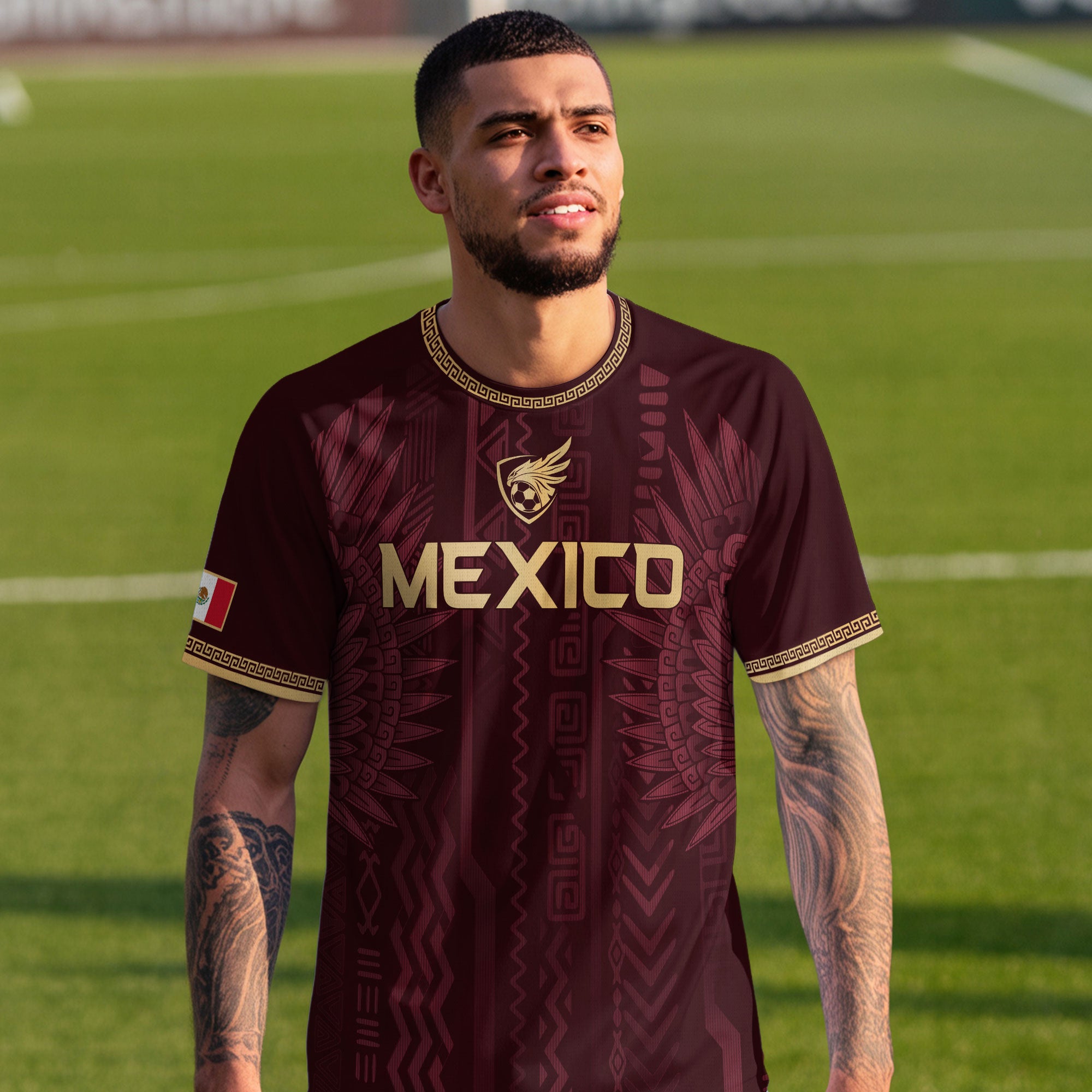 Mexico Maroon Gold Aztec Heritage National Pride Mens Football Soccer Jersey