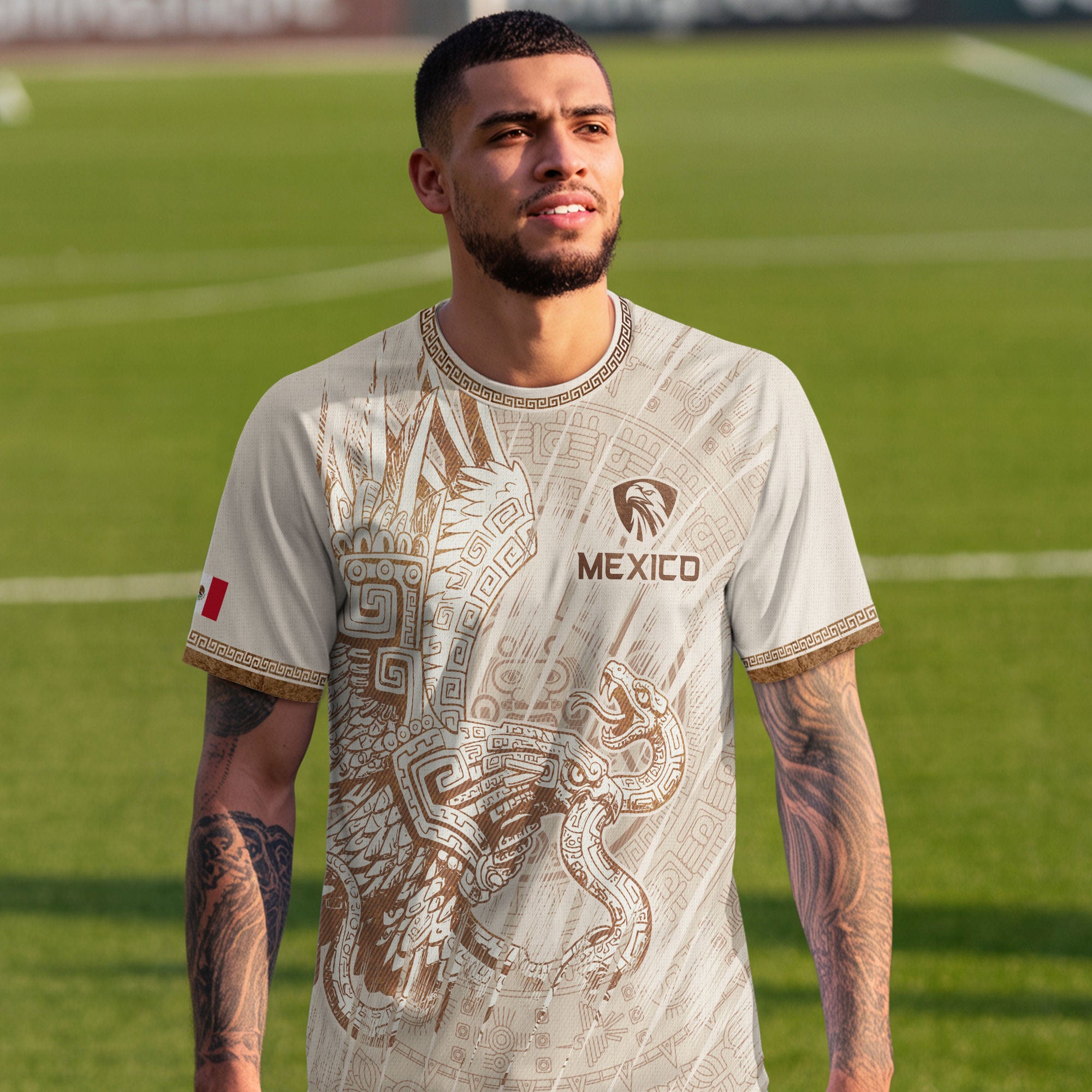 Mexico Cream Aztec Eagle Snake Ancient Art Heritage Mens Soccer Jersey