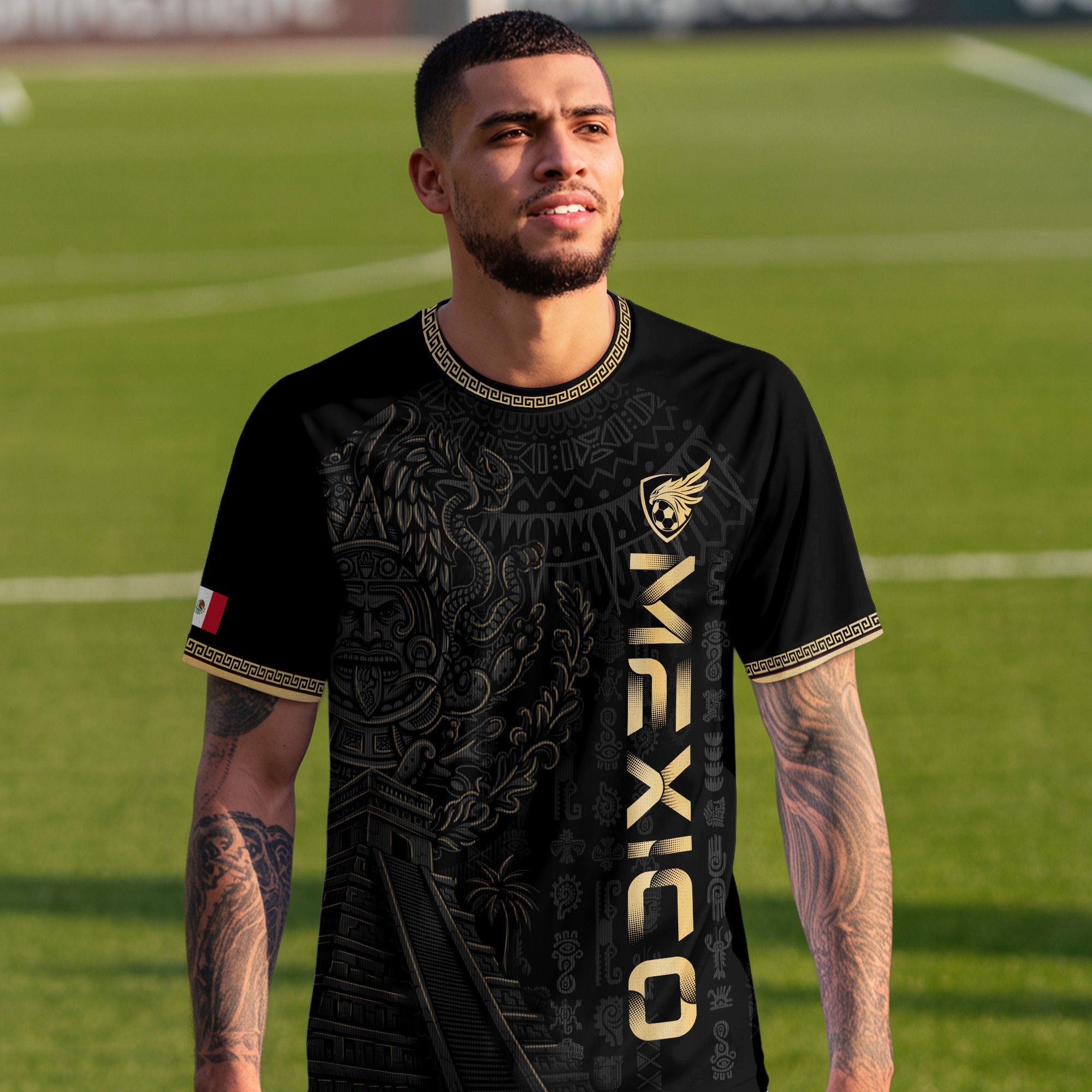 Mexico Black Gold Aztec Pyramid Heritage Mens Football Soccer Jersey