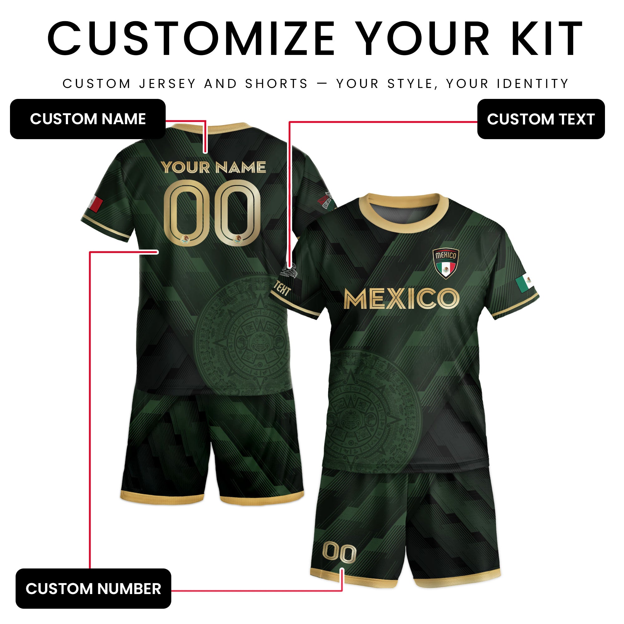 Custom Mexico Green Soccer Jersey with Golden Aztec Calendar Design