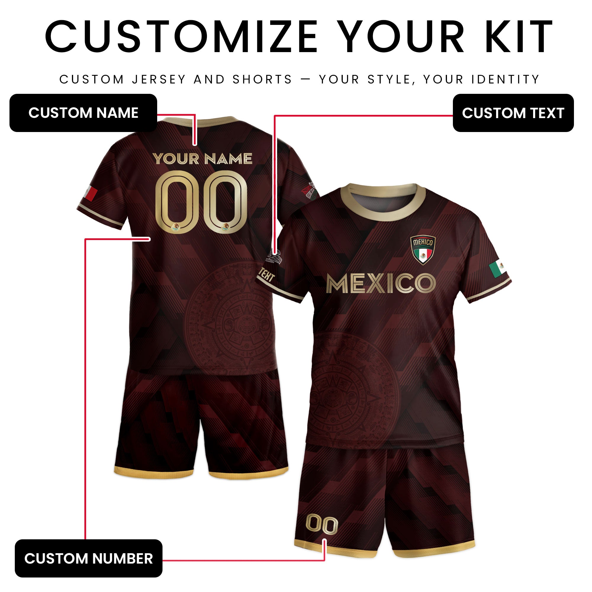 Custom Mexico Maroon Soccer Jersey with Golden Aztec Calendar Pattern