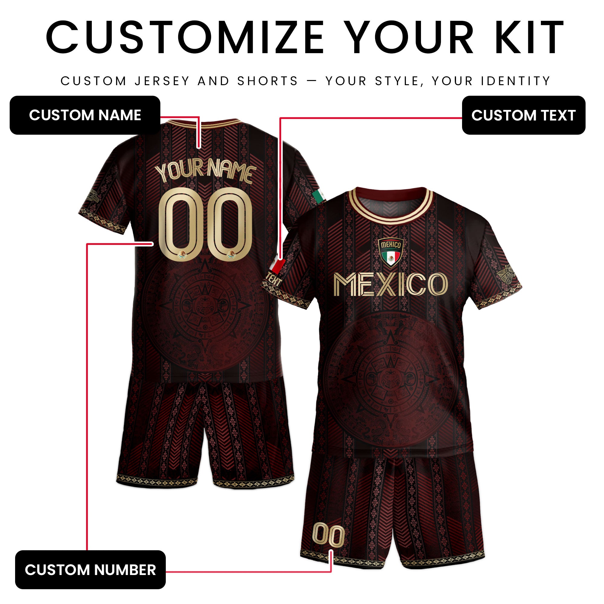 Custom Mexico Burgundy Soccer Jersey with Golden Aztec Calendar Design