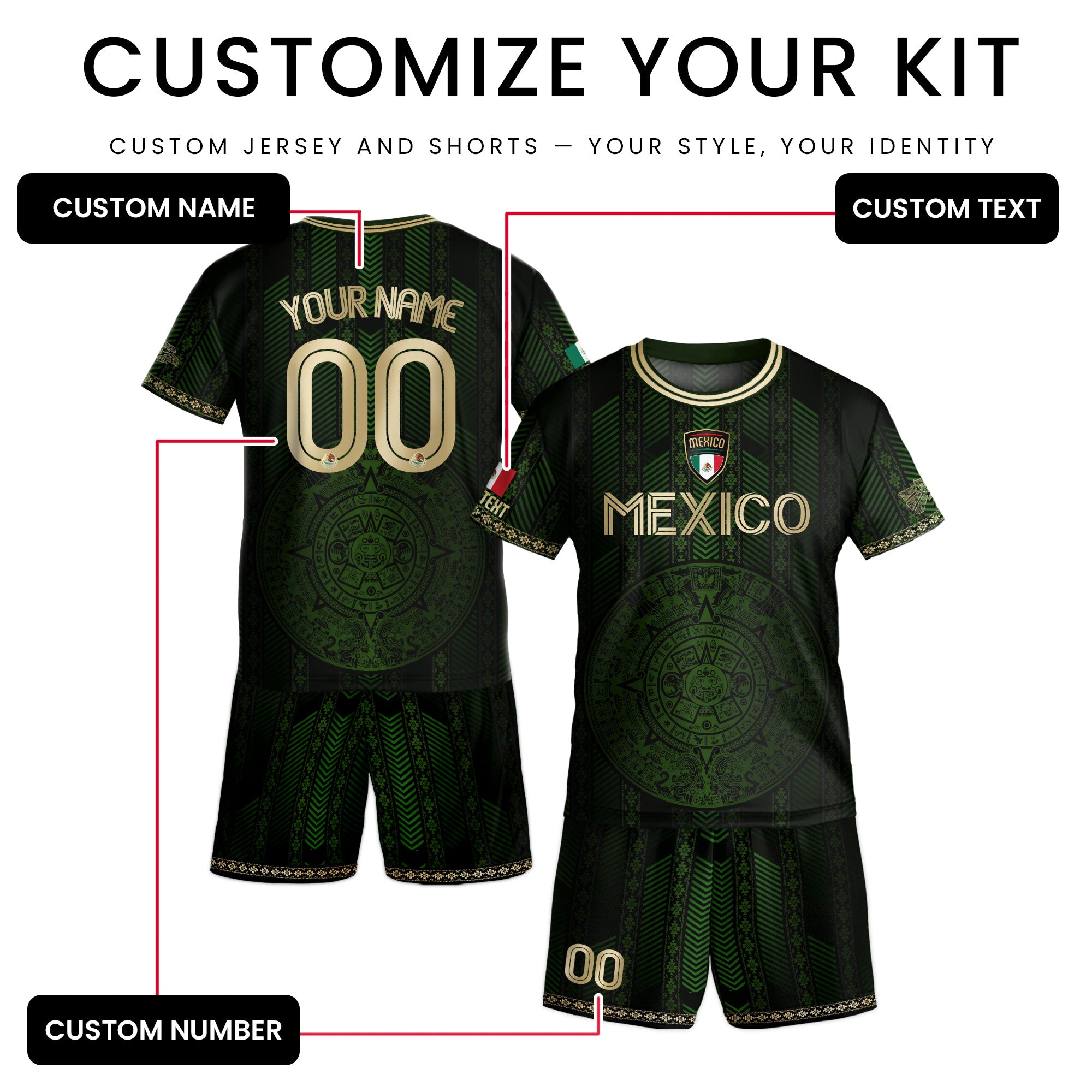 Custom Mexico Green Soccer Jersey with Golden Aztec Calendar Pattern