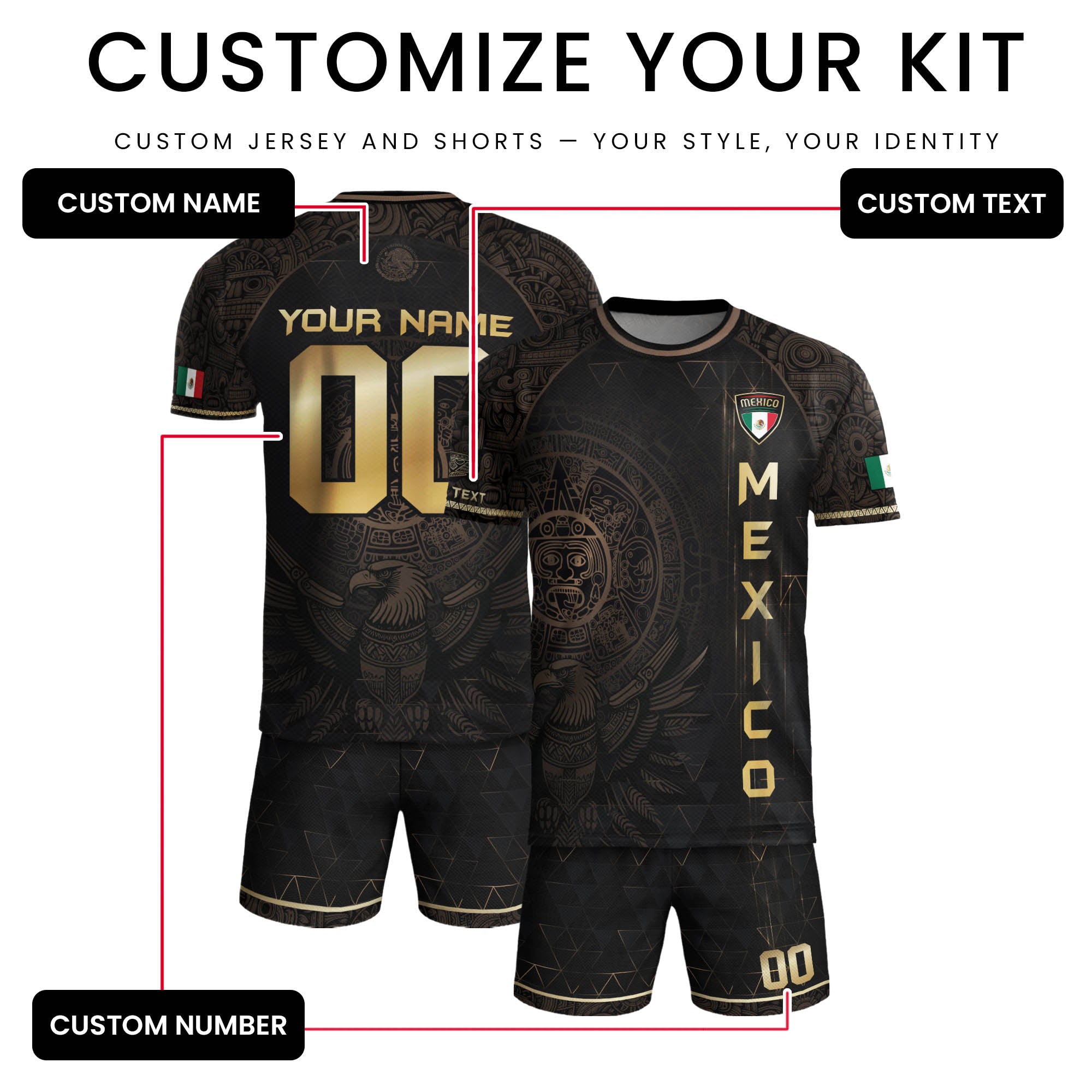 Custom Mexico Soccer Jersey Black Gold Aztec Heritage Design