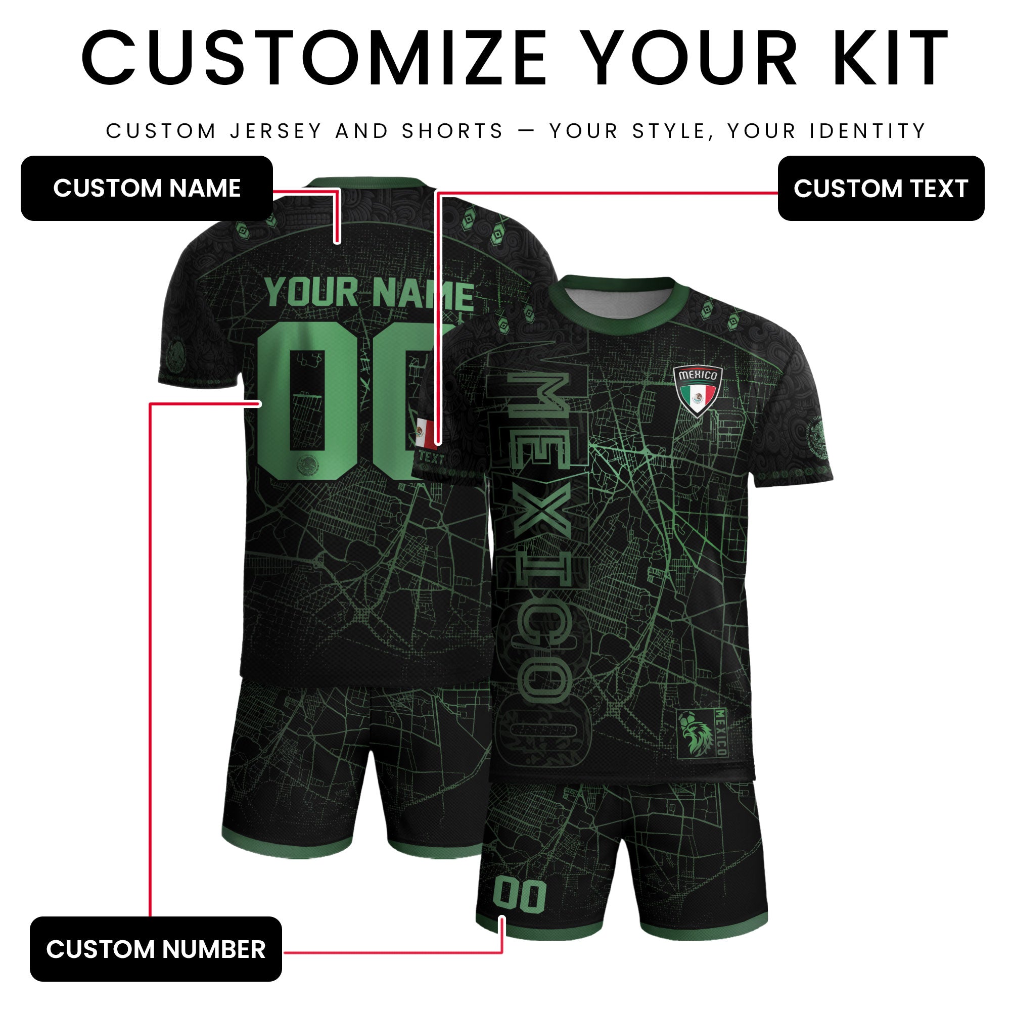 Custom Mexico Soccer Jersey Black Green Modern Heritage Map Design
