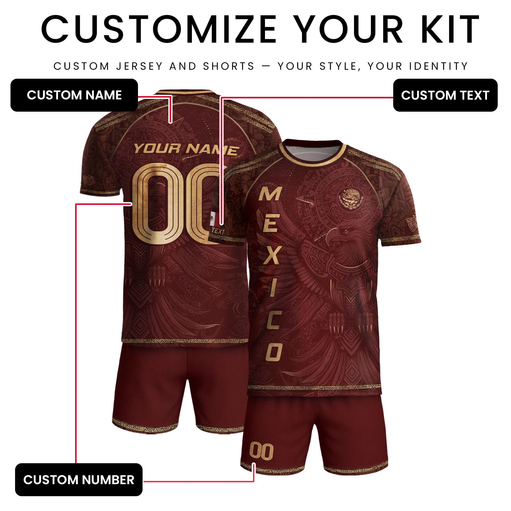 Custom Mexico Soccer Jersey Burgundy Gold Aztec Heritage Design