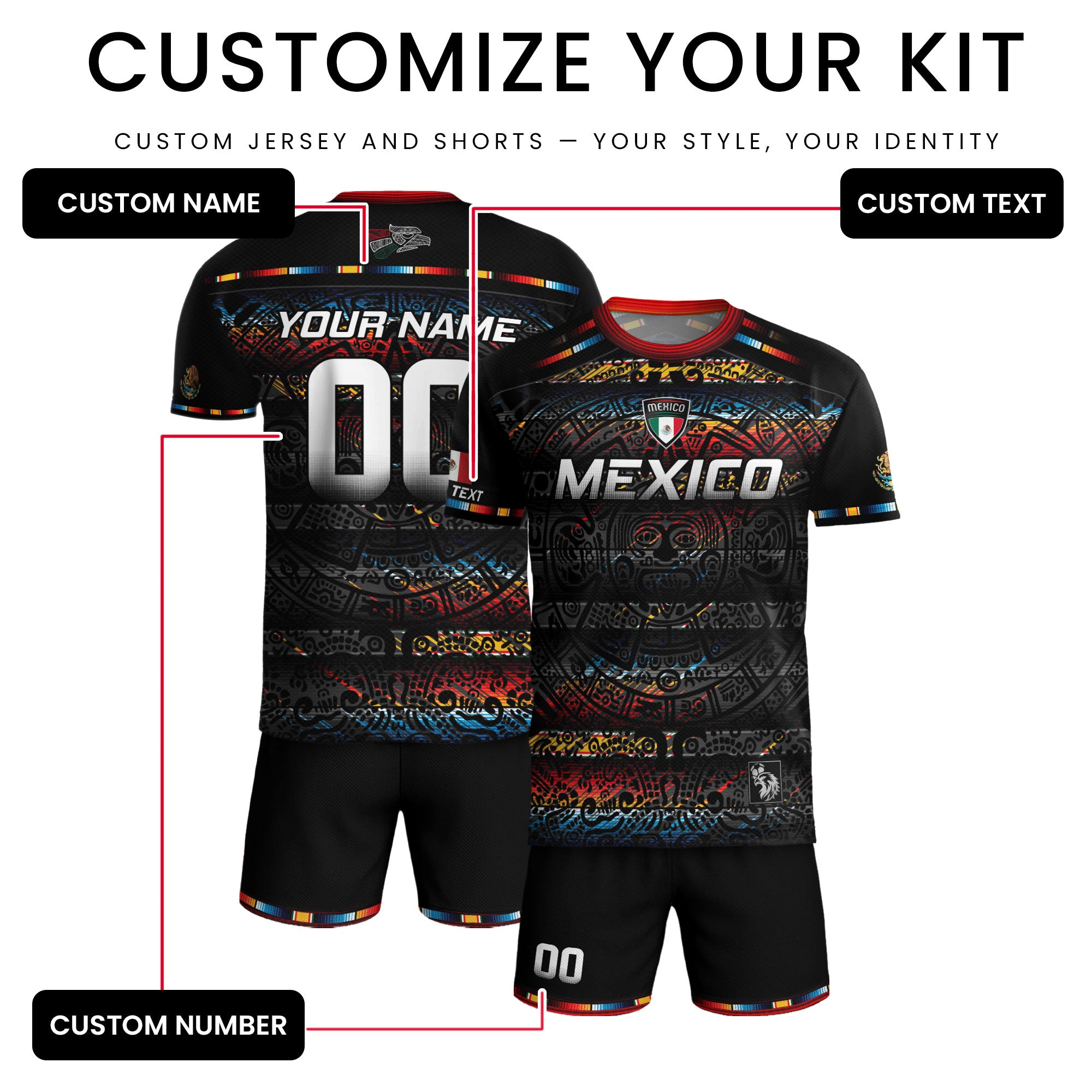 Custom Mexico Soccer Jersey Black Modern Aztec Calendar Design