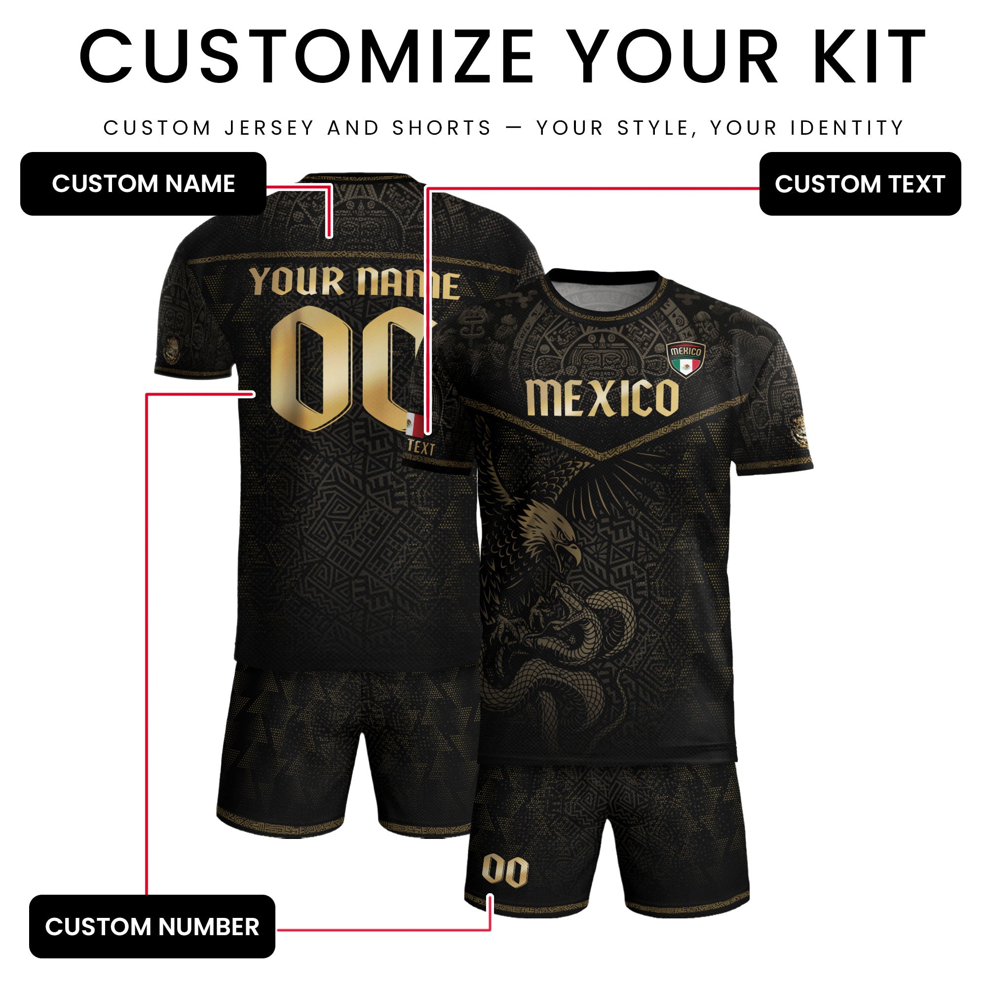 Custom Mexico Soccer Jersey Black Gold Aztec Eagle Serpent Design
