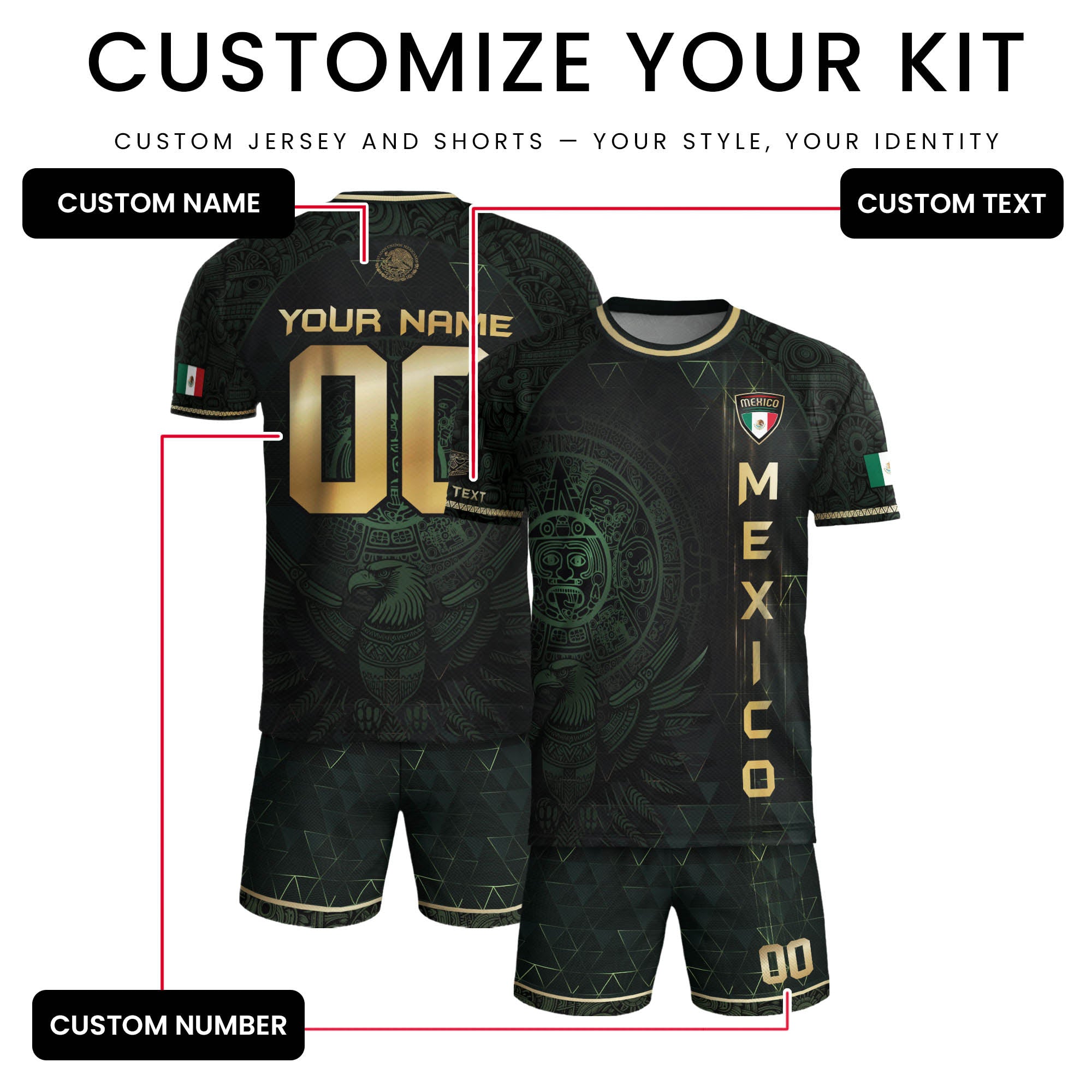 Custom Mexico Soccer Jersey Black Gold Heritage Aztec Calendar Design