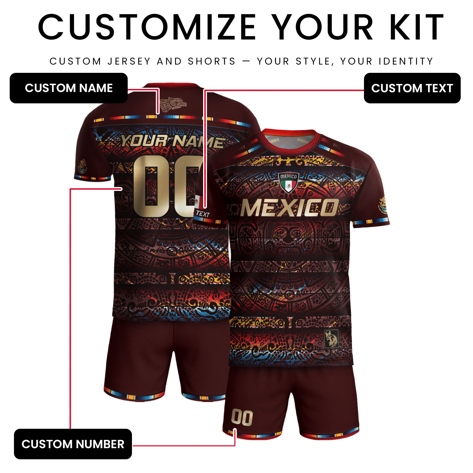 Custom Mexico Soccer Jersey Burgundy Gold Heritage Aztec Calendar Design