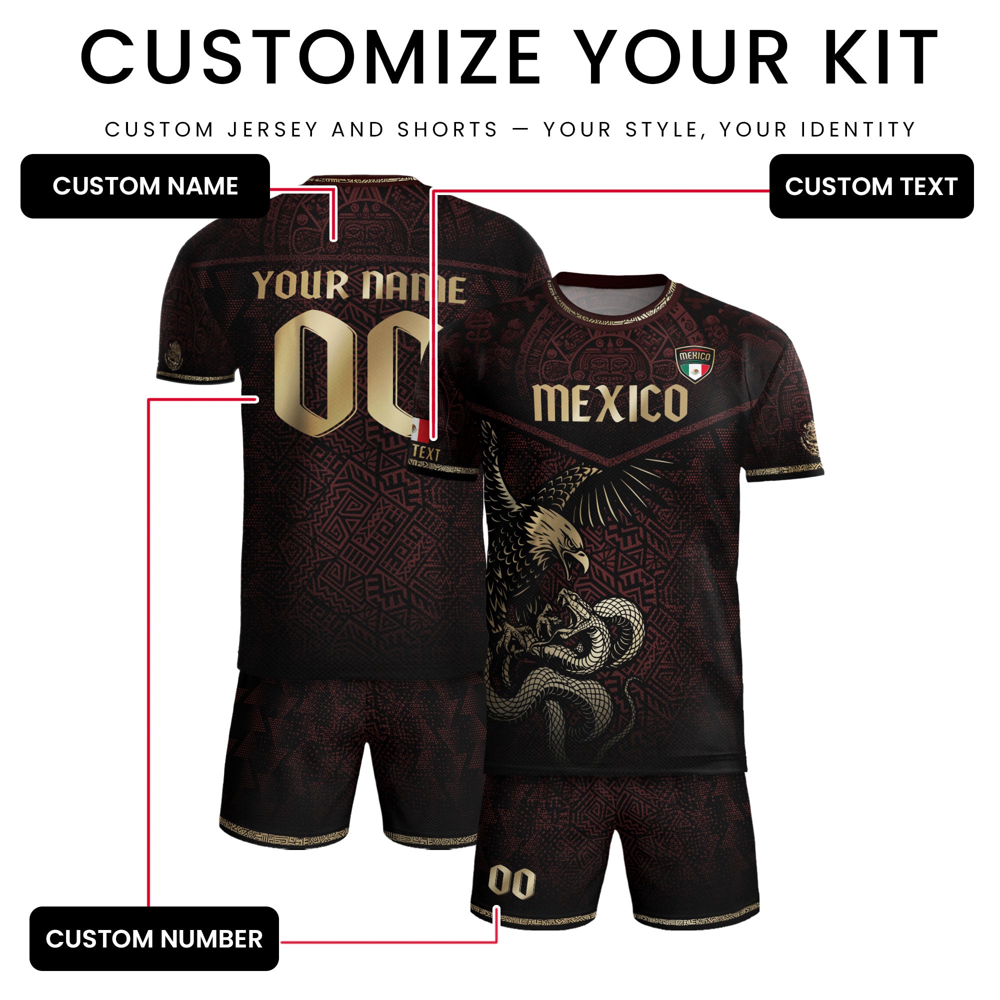 Custom Mexico Soccer Jersey Burgundy Gold Aztec Eagle Serpent Design