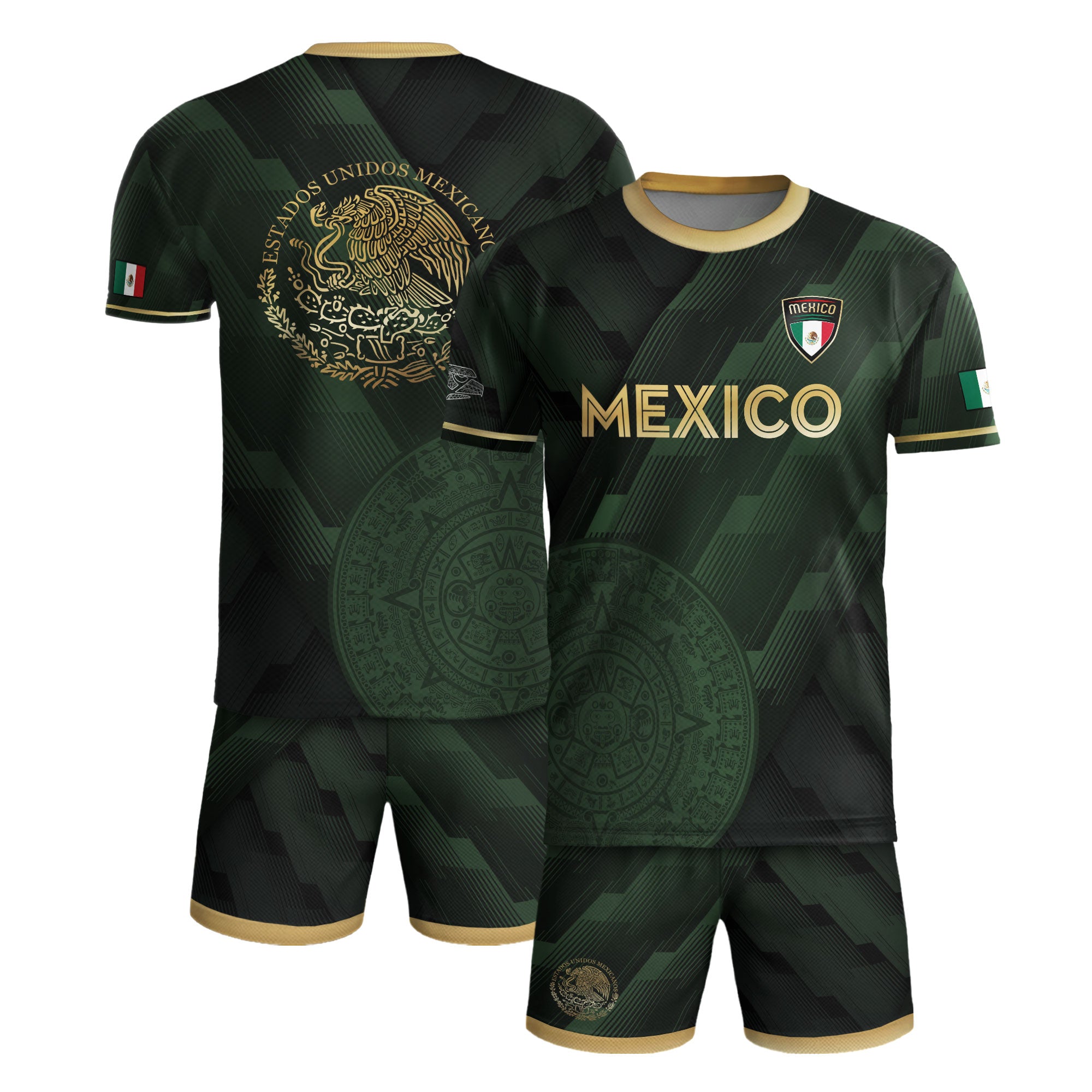 Mexico Green Soccer Jersey with Golden Aztec Sunstone Design