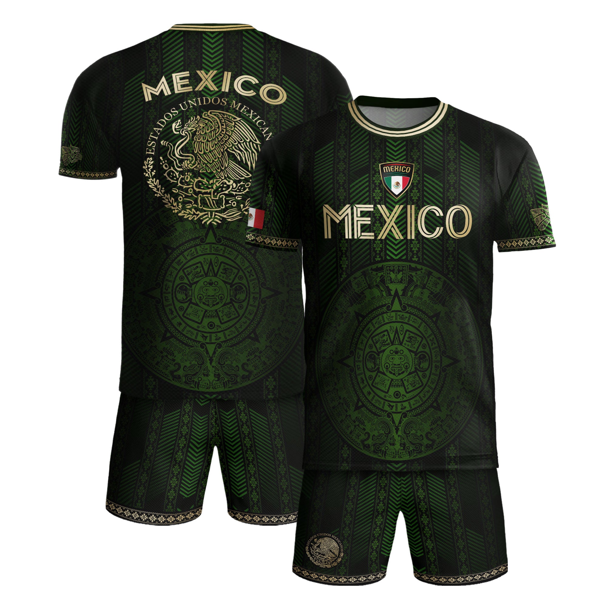 Mexico Green Soccer Jersey with Golden Aztec Calendar and Eagle Crest