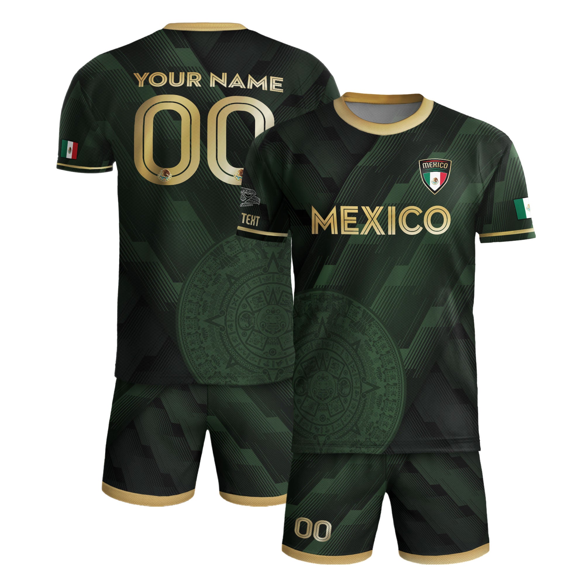 Custom Mexico Green Soccer Jersey with Golden Aztec Calendar Design