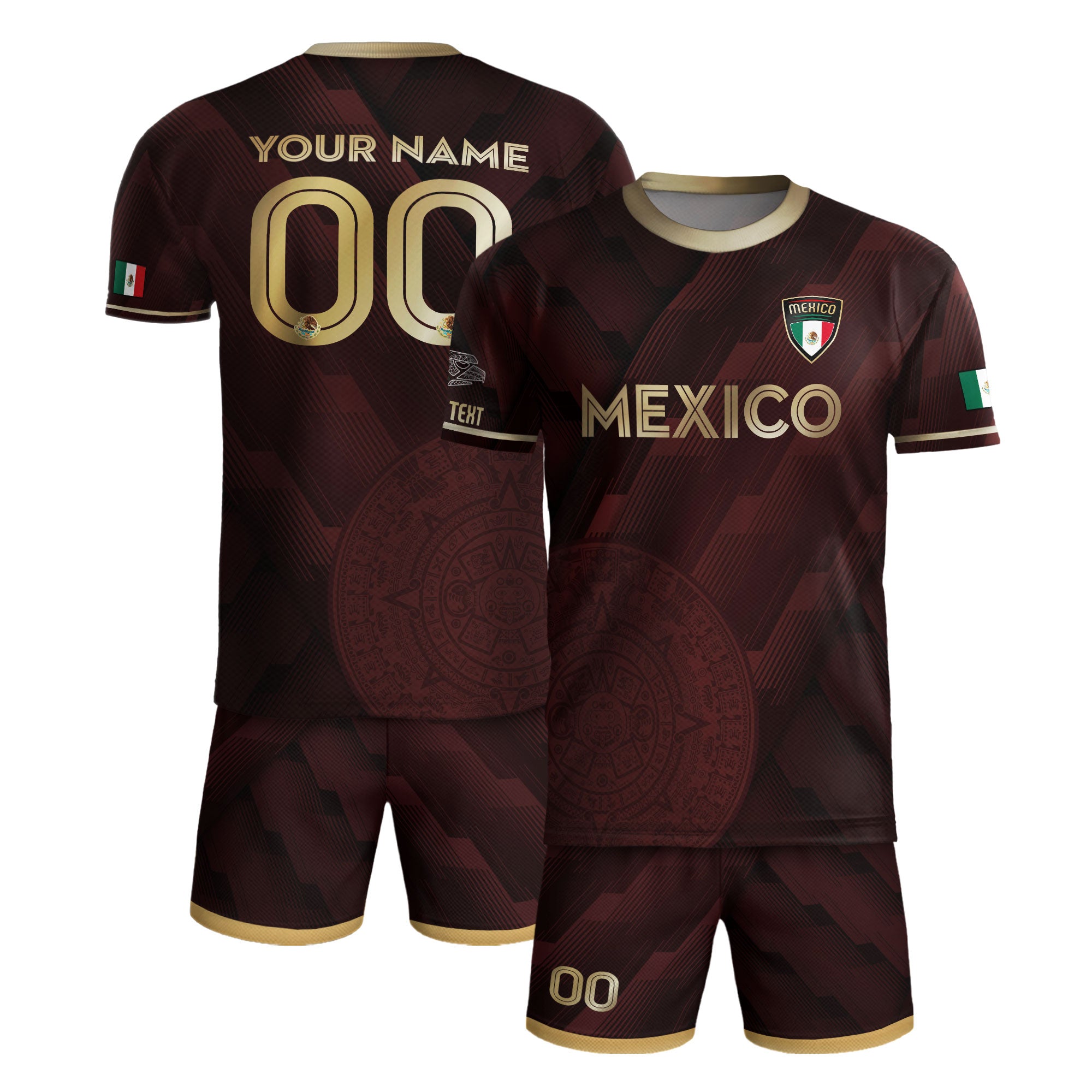 Custom Mexico Maroon Soccer Jersey with Golden Aztec Calendar Pattern