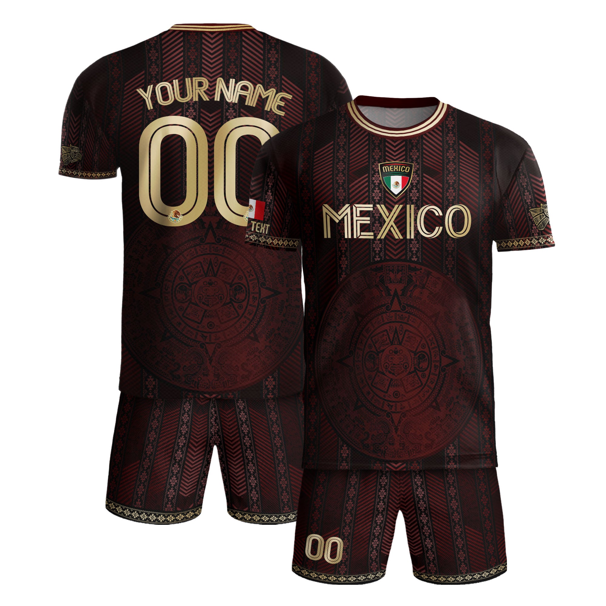 Custom Mexico Burgundy Soccer Jersey with Golden Aztec Calendar Design