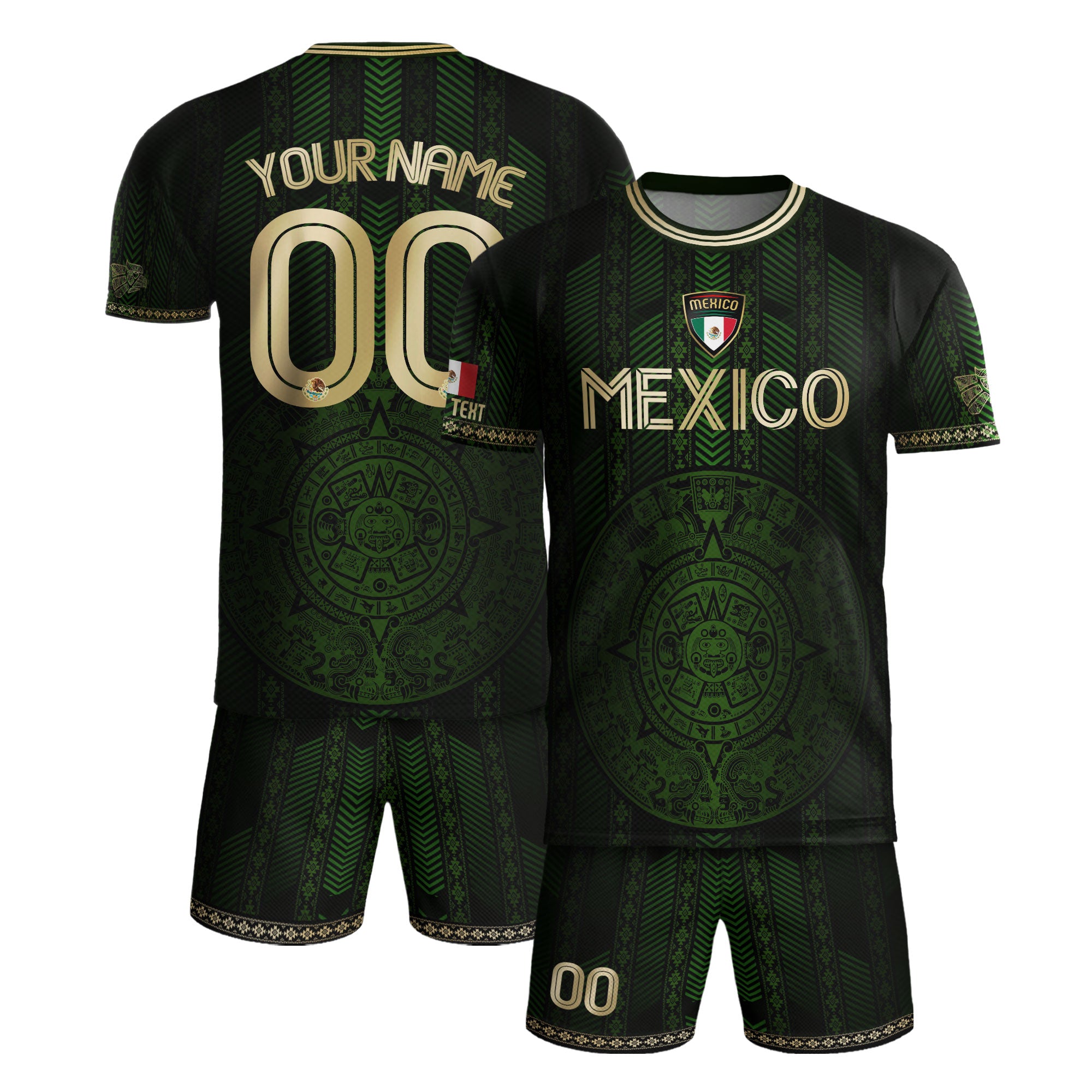 Custom Mexico Green Soccer Jersey with Golden Aztec Calendar Pattern
