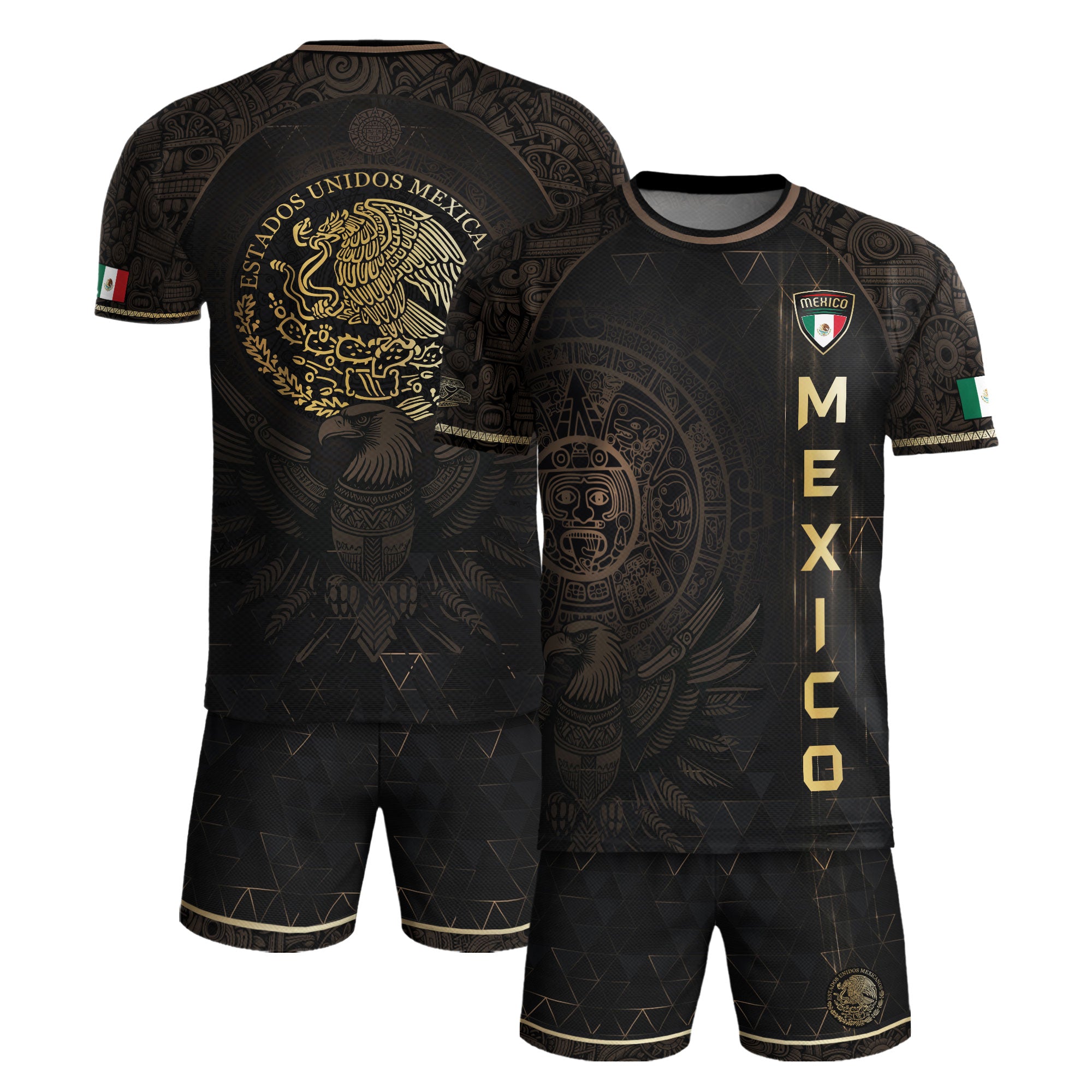 Camiseta de fútbol de México, color negro, dorado, calendario azteca y emblema del águila.