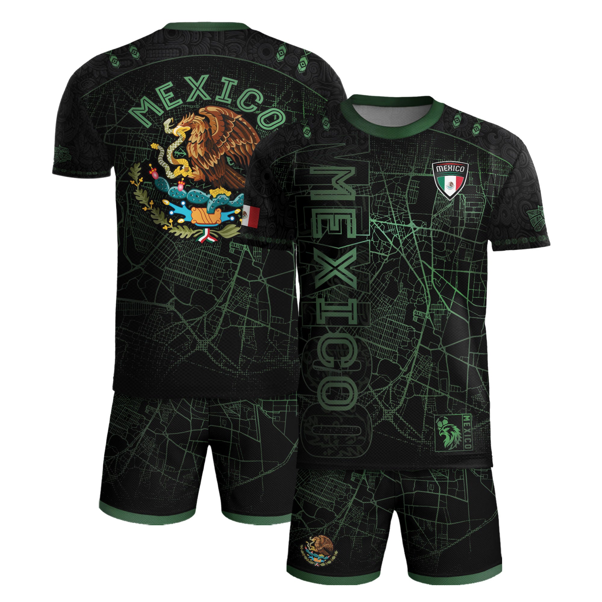 Mexico Soccer Jersey Black Green Map & Eagle Crest Design