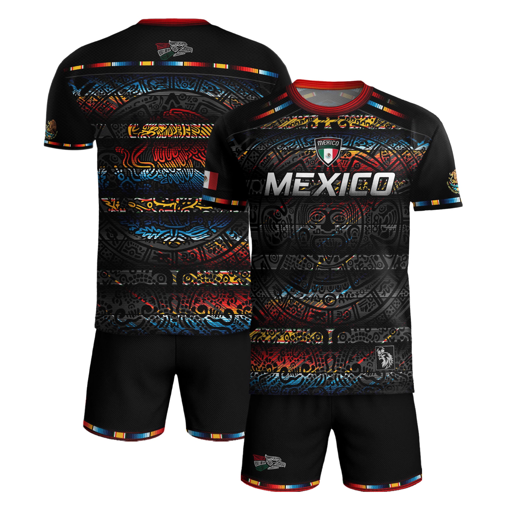 Mexico Soccer Jersey Black Aztec Calendar with Color Accents
