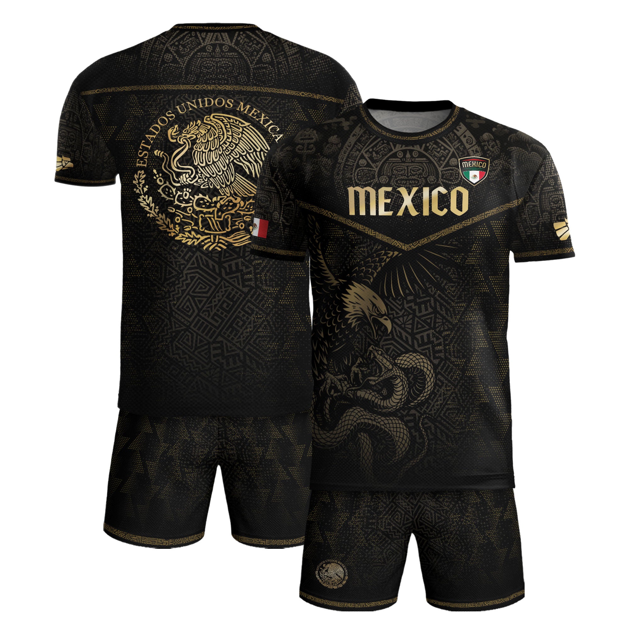 Camiseta de fútbol de México con diseño azteca, águila y serpiente, color negro y dorado.