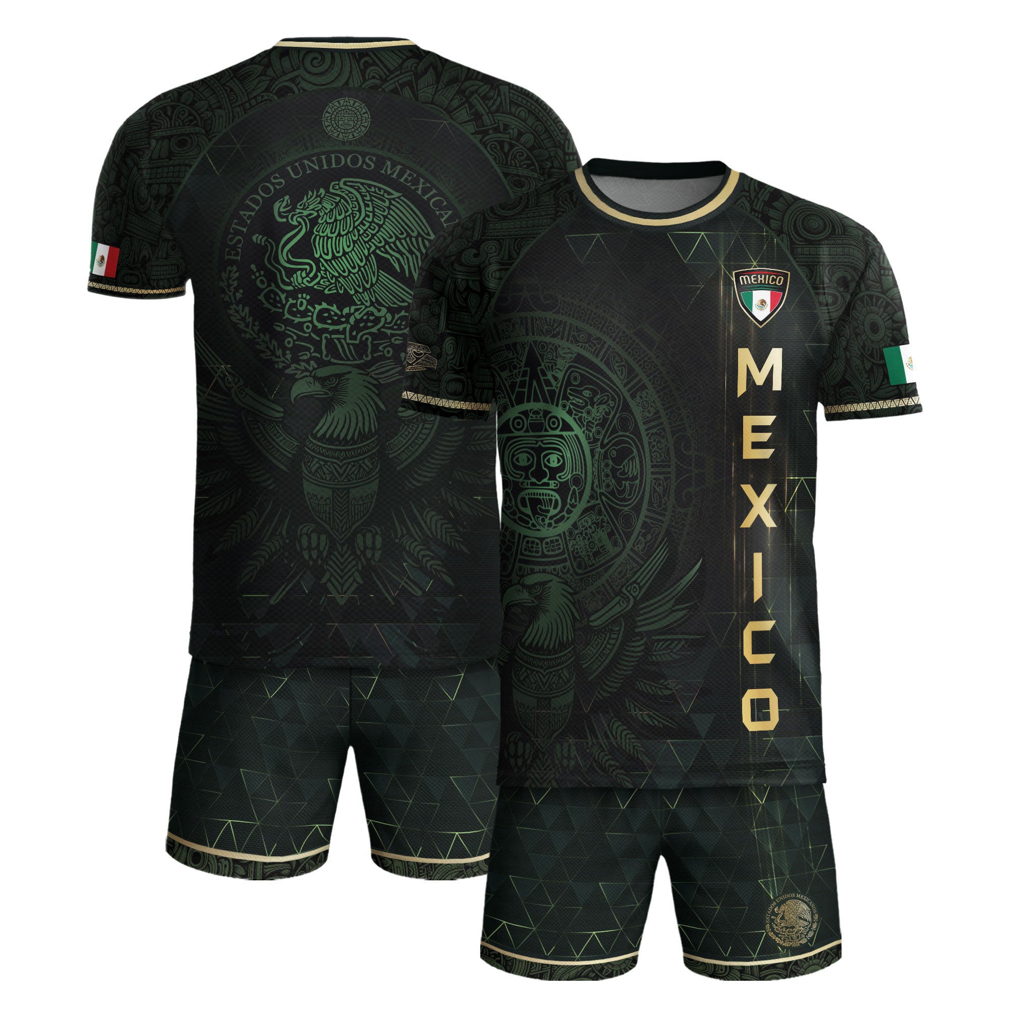 Mexico Soccer Jersey Dark Green Gold Aztec Calendar & Eagle Emblem