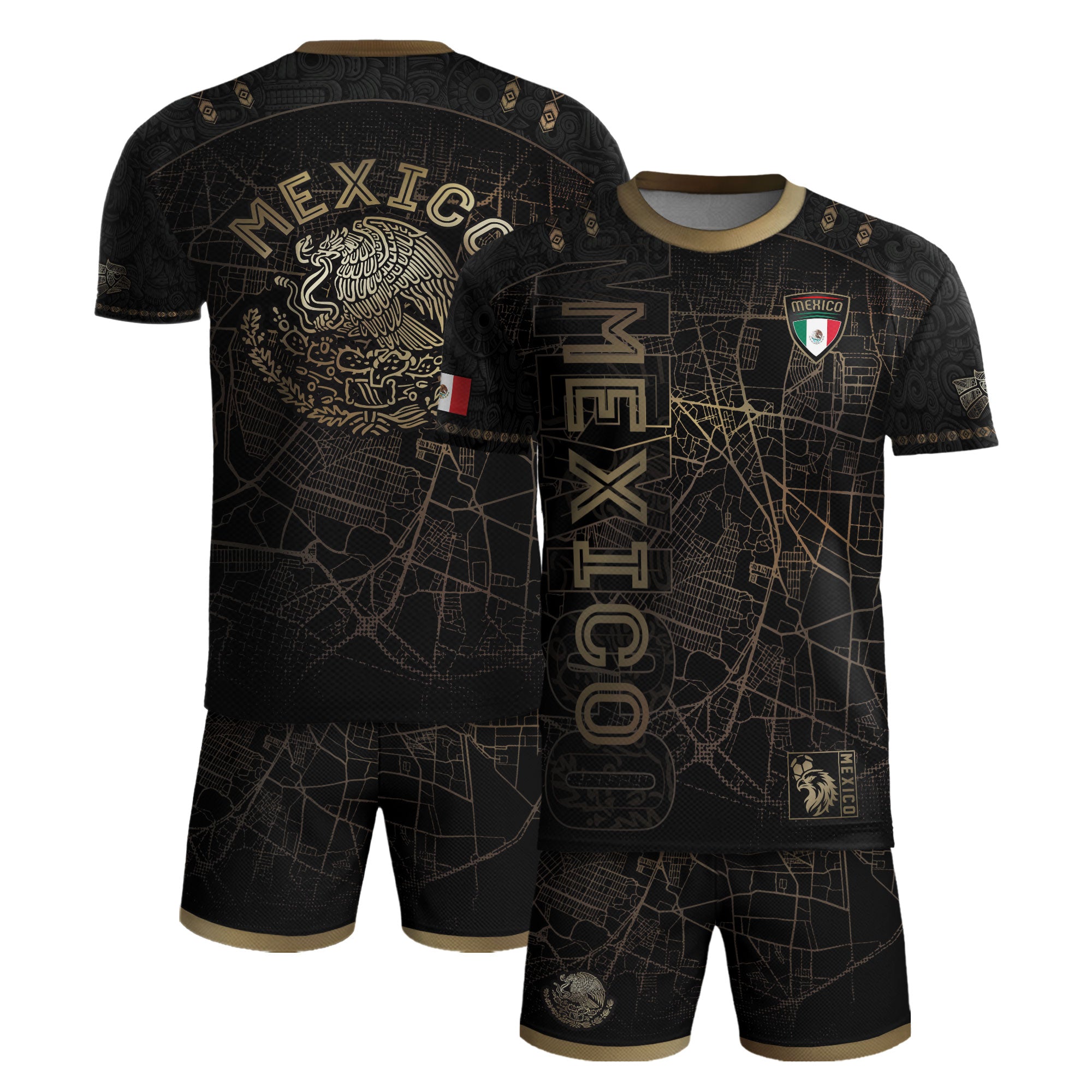 Mexico Soccer Jersey Black Gold City Map & Eagle Emblem