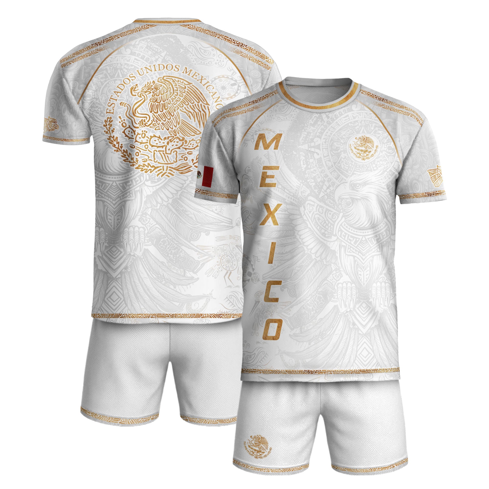 Mexico Soccer Jersey White Gold Aztec Eagle Design