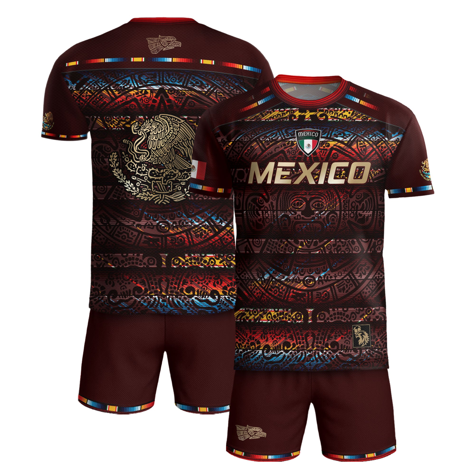 Mexico Soccer Jersey Red Multitone Aztec Calendar & Eagle Crest