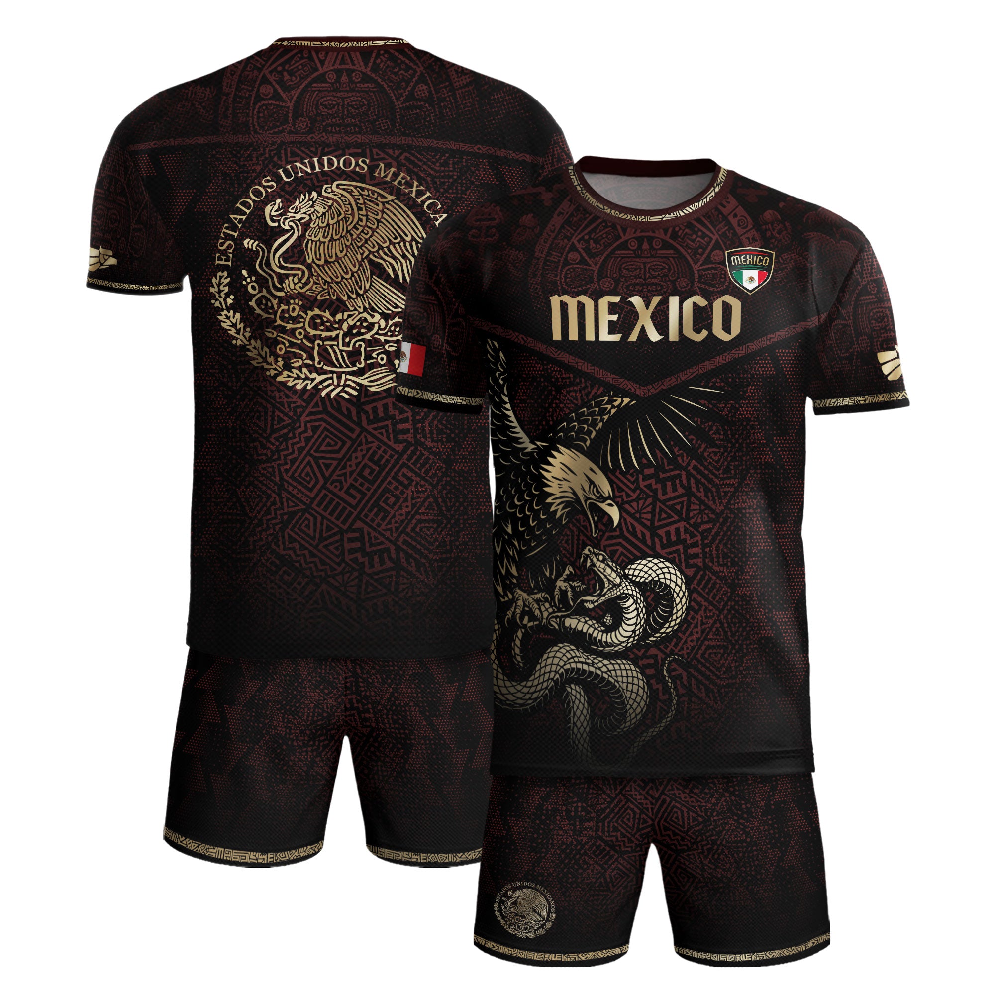 Mexico Soccer Jersey Maroon Gold Aztec Eagle & Serpent Design
