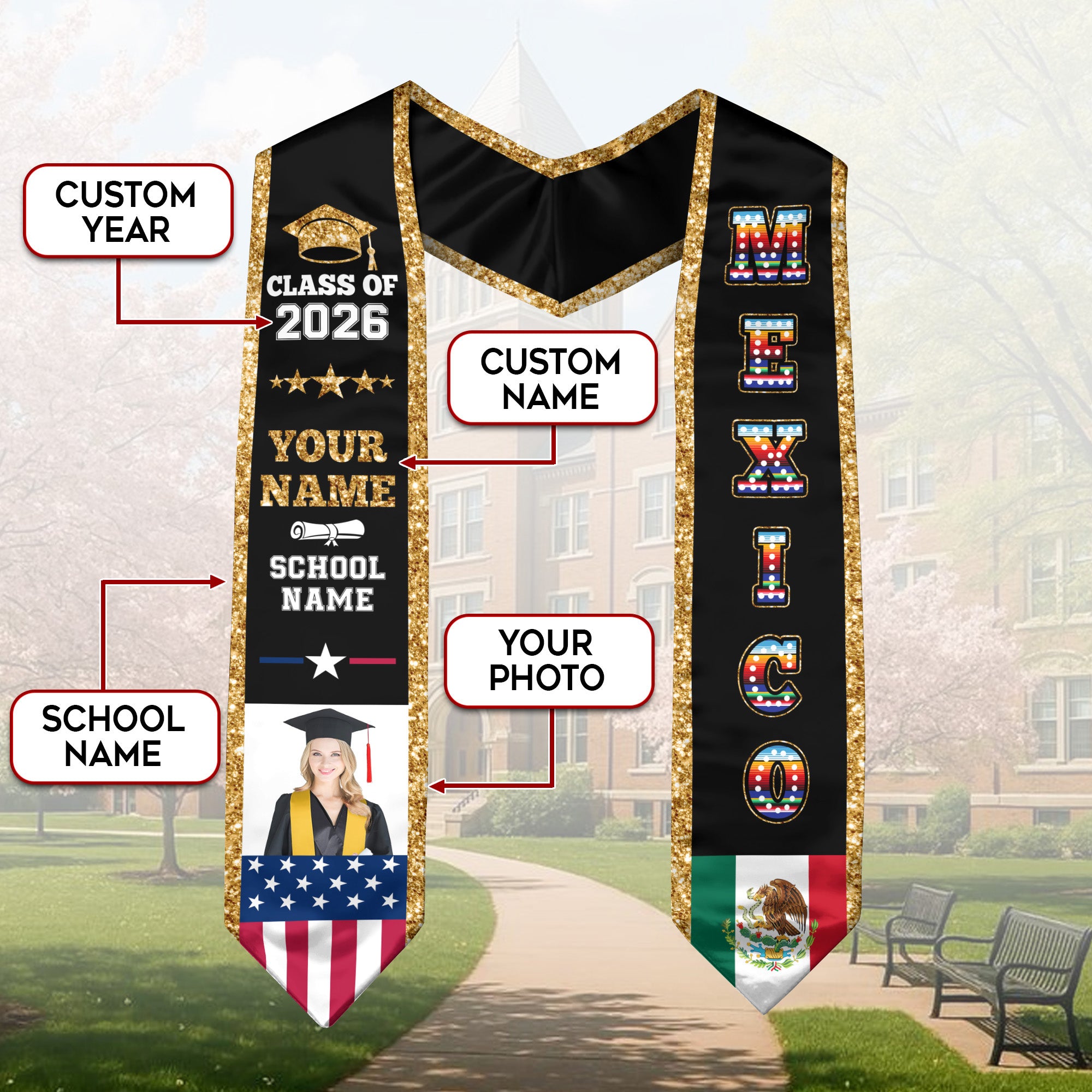 Custom Photo Mexican Graduation Sash 2026, Personalized Mexico Stole for Graduate